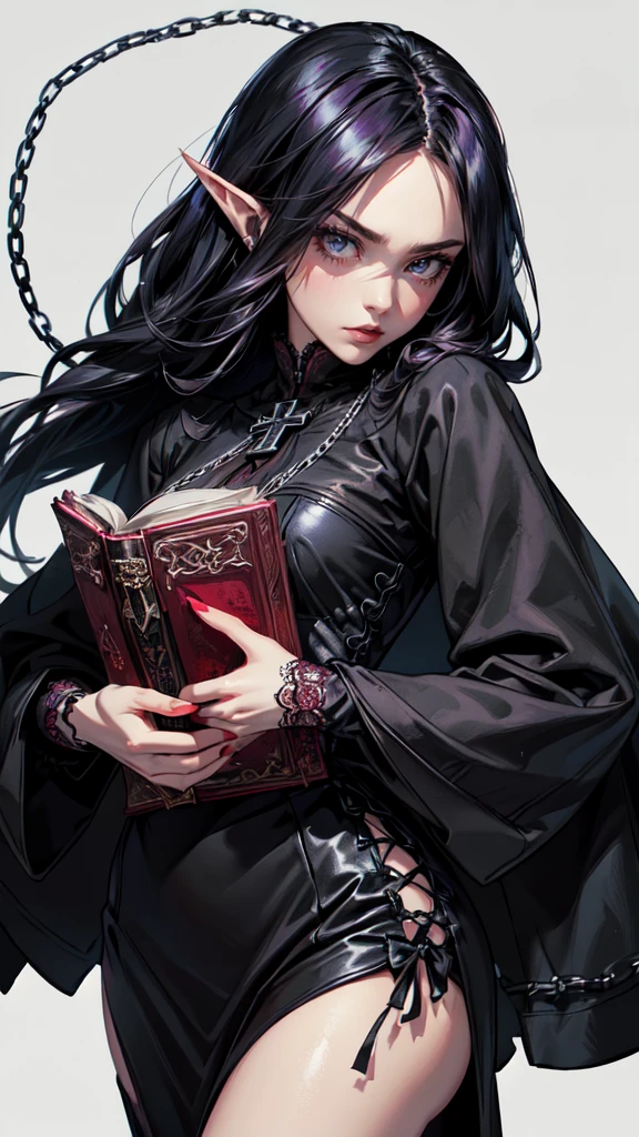 (Gothic character design sheet:1.5),(Scary dolls,Red or dark purple lace、Embroidery and other decorations。She wore a long black coat and a tight skirt,Show elegant and mysterious temperament。Wearing a silver cross、chain etc...,old magic book,Romantic roses,(ordered rows:1.2,interval:1.2,No overlap:1.2),((clear lines,clean background,White background, ultra high definition, masterpiece, precise, anatomically correct, textured skin, super detailed, high detail, best quality, 8K)),detailed face, detailed eyes, detailed hands,elf girl
