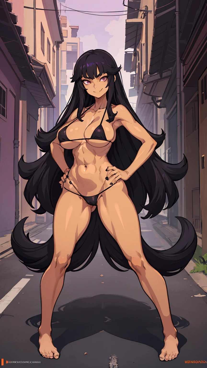 1 woman, tan , long straight black hair, conjunctivitis, purple bikini , sly face., villain , smile, Barefoot ,big breasts, Long legs , Barefoot , full body, hands on hips , alley road , darkness