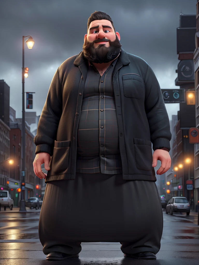 1 fat man with beard near black Mercedes, cute, city landscape, night, rain, wet, professional lighting, photon mapping, radiation, physically-based rendering, (8K, raw photo, best quality, masterpiece:1.2), (realistic, photo-realistic:1.37)