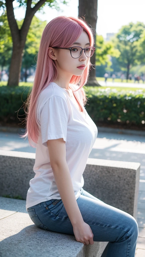 (masterpiece:1.2, Top quality),, Nice illustration, (Natural side Light, Light), 
Looking at the audience, 1 girl， wear glasses，Pink hair，White shirt clothes，jeans，Large Breasts，Sitting in the park pavilion