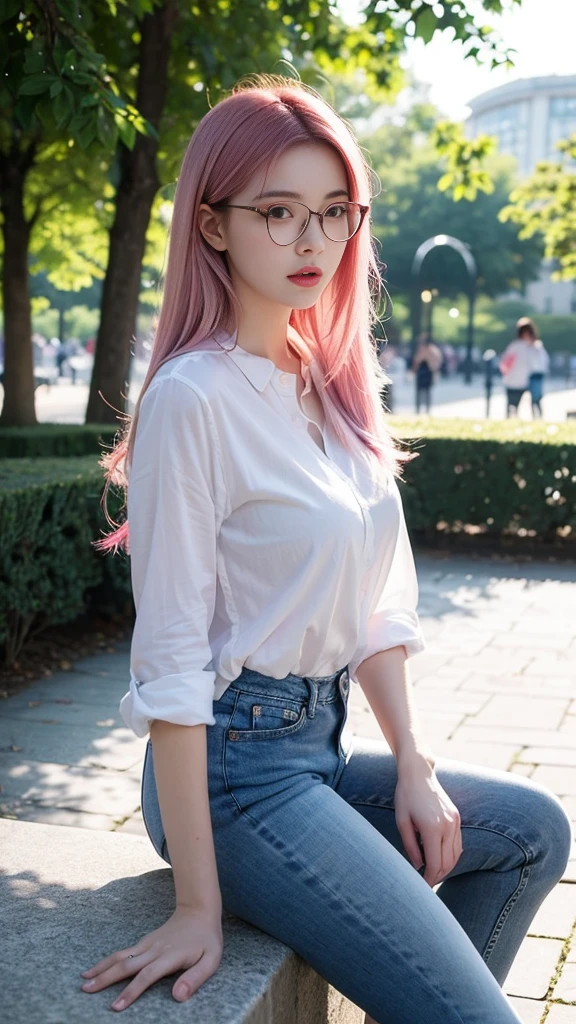(masterpiece:1.2, Top quality),, Nice illustration, (Natural side Light, Light),
Looking at the audience, 1 girl, wear glasses,Pink hair,White shirt clothes,jeans,Large Breasts,Sitting in the park pavilion