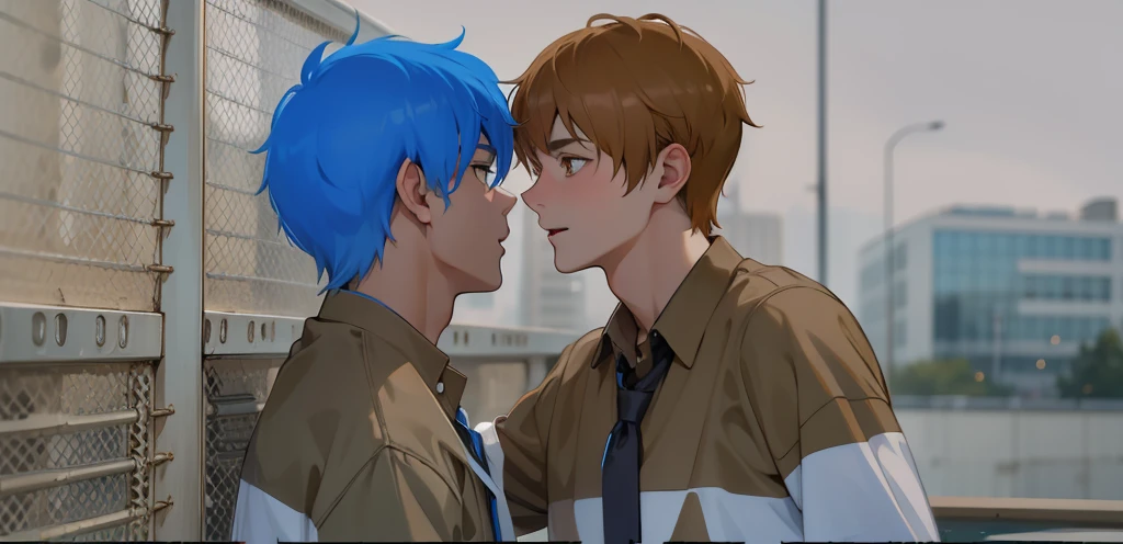 two young men with white school shirts with brown hair and the other with blue hair approach each other and look into each other&#39;s eyes, one of them is speaking seriously.