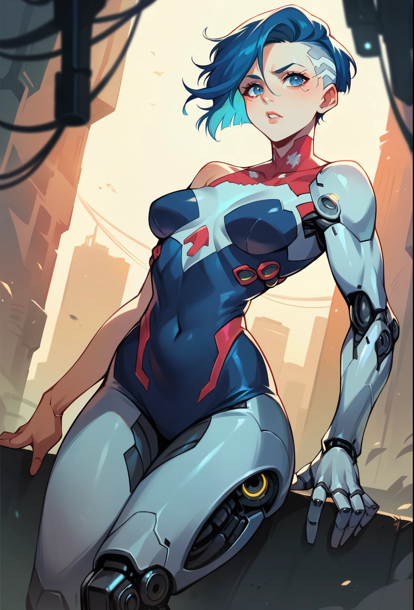 a beautiful cyberpunk cyborg woman, blue eyes, short hair, human body, mechanical legs, mechanical arms, in a furistic city, 8k ultra detailed and realistic