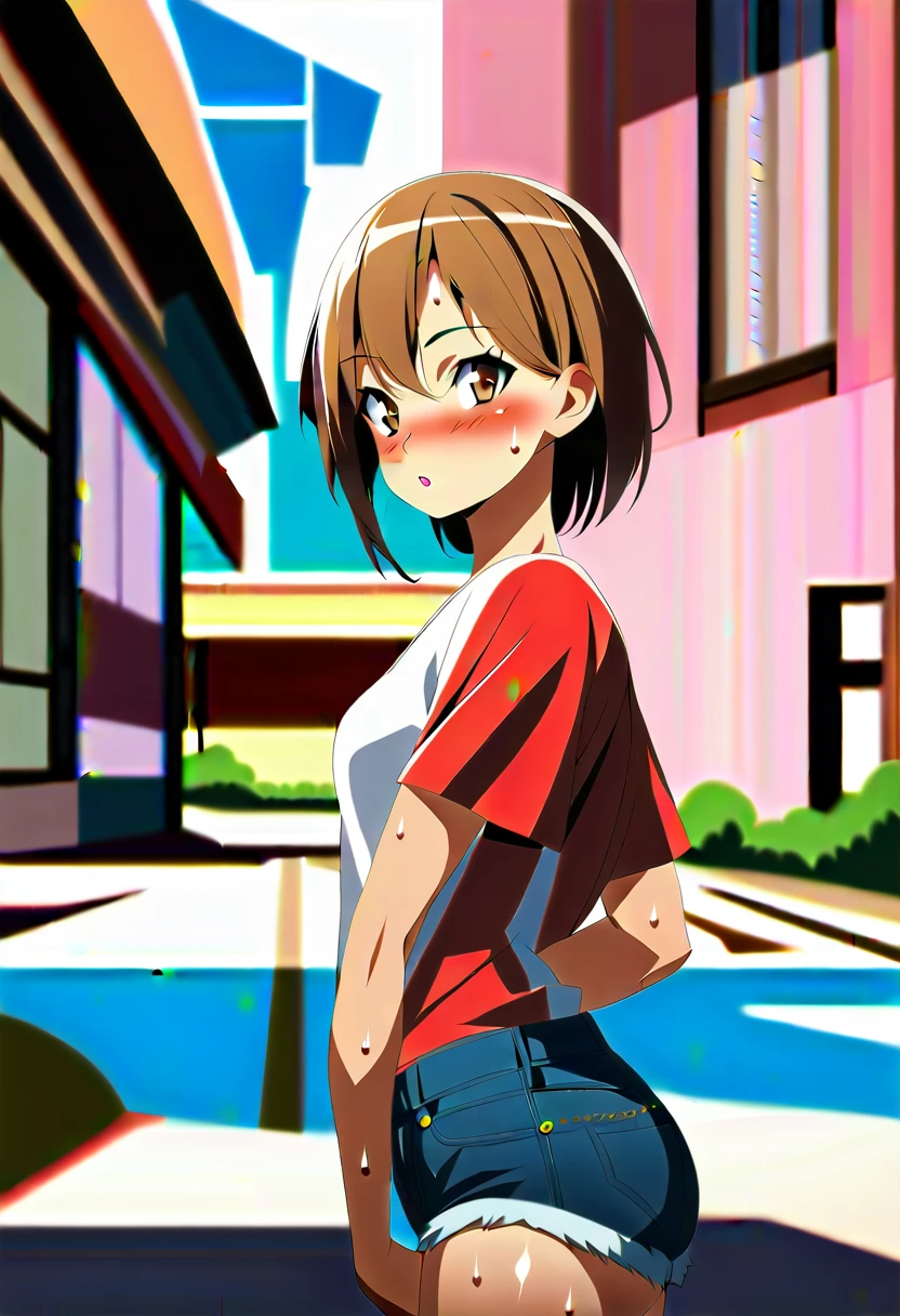 ((masterpiece,Highest quality;1.3,best illustration)),cowboy shot,1woman、30 year old beauty、独奏,((very small head:1.5)),brown hair,tomboy,bangs,brown eyes,gorgeous eyes,blush,small breasts,((very long body:1.3)),((toned body,slender body,skinny)),gleaming skin,shiny skin,oily skin,sweat,(White tight T-shirt、Denim Microshorts)、on street,Tokyo,
