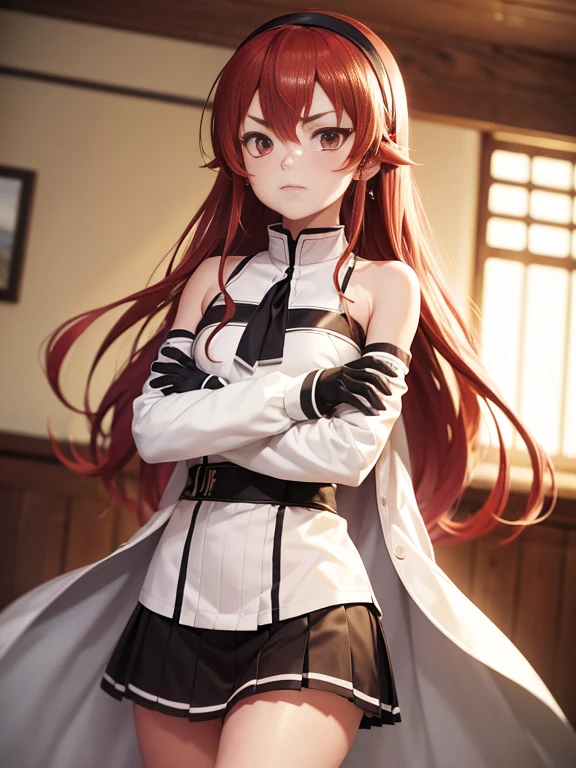 eris greyrat, 1girl, ahoge, bangs, bare shoulders, black hairband, brown skirt, closed mouth, clothing cutout, crossed arms, hair between eyes, hairband, long hair, long sleeves, looking at viewer, red eyes, red hair, shoulder cutout, simple background, skirt, solo, highres, haaam, mushoku tensei