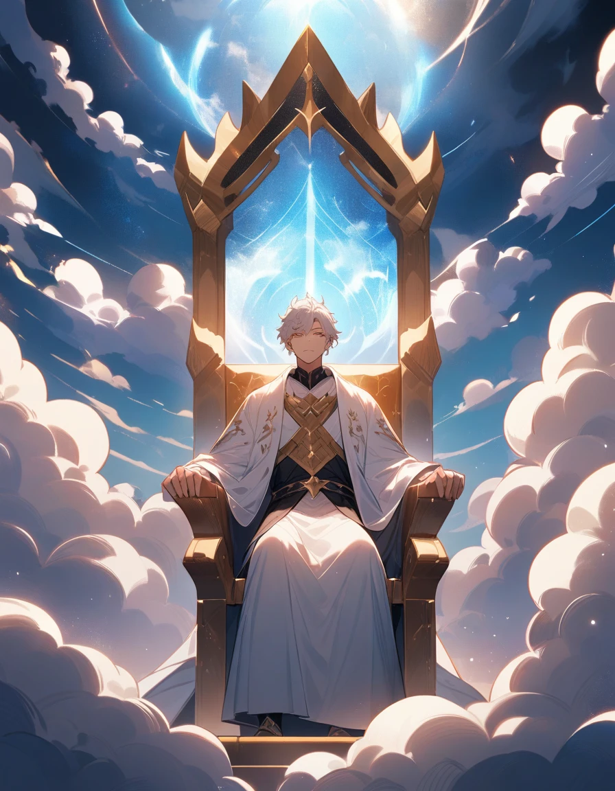 Throne made by cloud formation , in the sky , front perspective , throne is literally made of clouds , divine seat, man