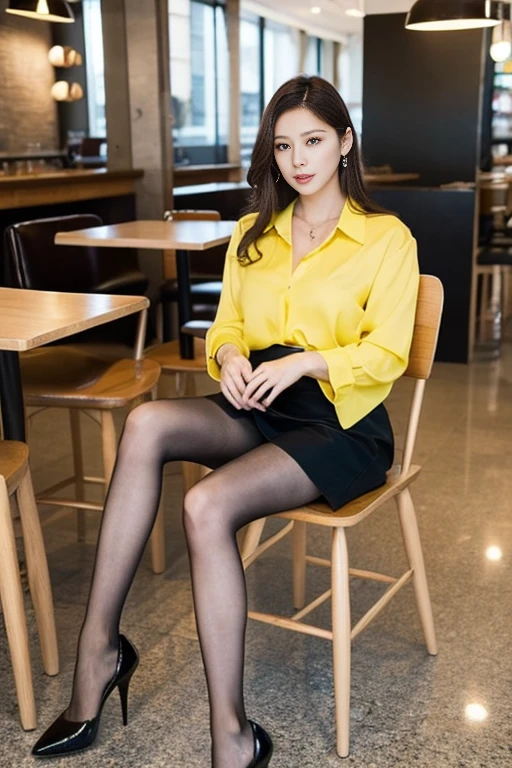 (Highest quality、Ultra-high resolution、masterpiece、8K)、(Delicate face、Detailed eyes and face、Watery eyes、double eyelid、Glossy lips), ((1 girl)) 、Very beautiful woman、Slender、Slim Big、Sharp long legs、Alluring and sexy、(A brightly colored collared shirt:1.2)、(Skirts in flashy colors:1.3),(silk pantyhose:1.1),(High heels)、Cleavage、sitting in a high chair、Perfect body、Two perfect legs、Detailed shoes、Anatomically correct、High-definition skin texture、Inside the cafe、Professional Lighting