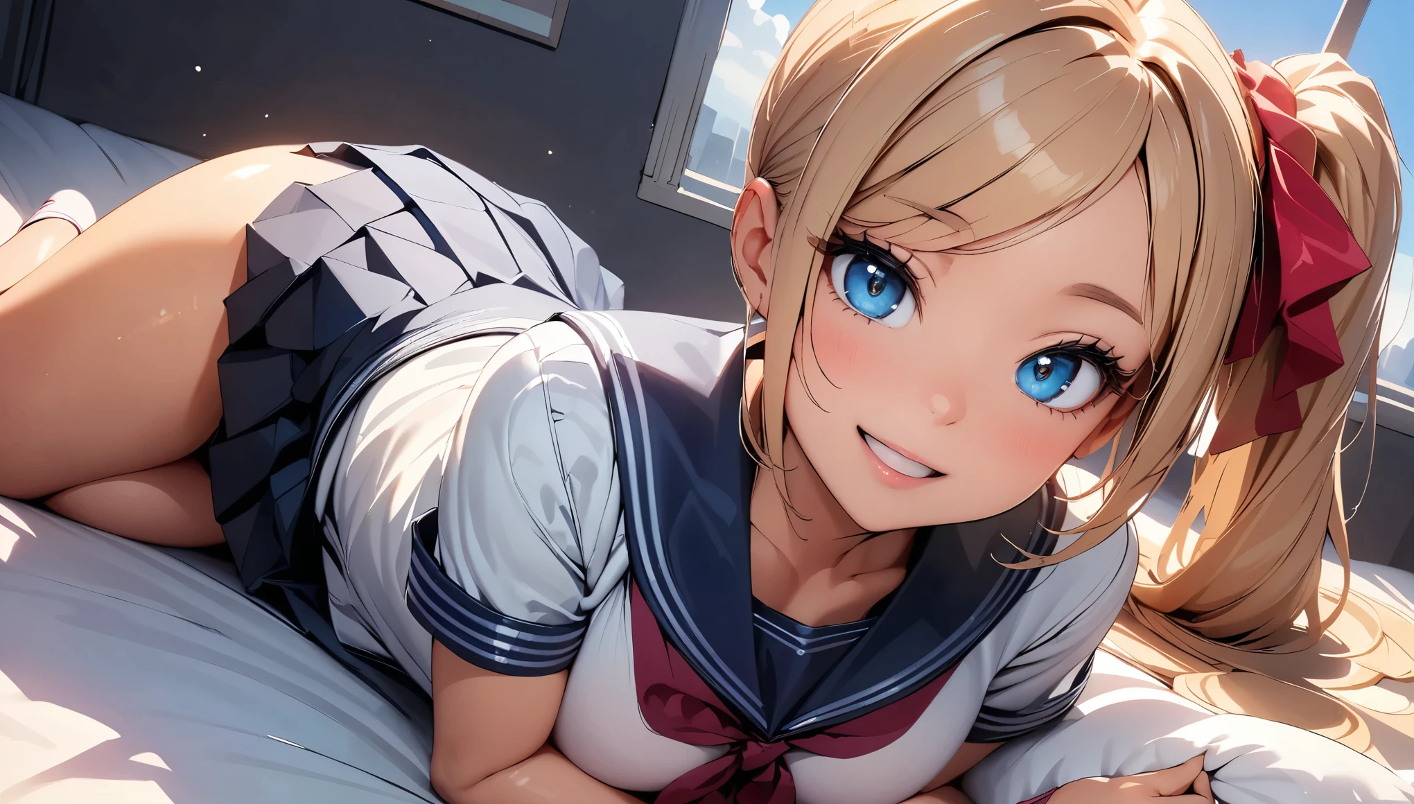 (Highest quality:1.24K, 8K, Very detailed, up to date, Vibrant, High detail, masterpiece:1.2, Highest quality, Best aesthetics), (((1 Girl))), JK, Sailor suit, Pleated skirt, Please open your mouth a little:1.2, smile, (Light brown hair, Voluminous side ponytail), Dynamic Angle, Friendly atmosphere, Beautiful Hair, Shiny Hair, Beautiful Skin, Detailed face and eyes, Glossy Lips, Curvy Women, bed:1.2, Lie, White sheets, Pillow, Light and shadow with attention to detail, Background Blur.