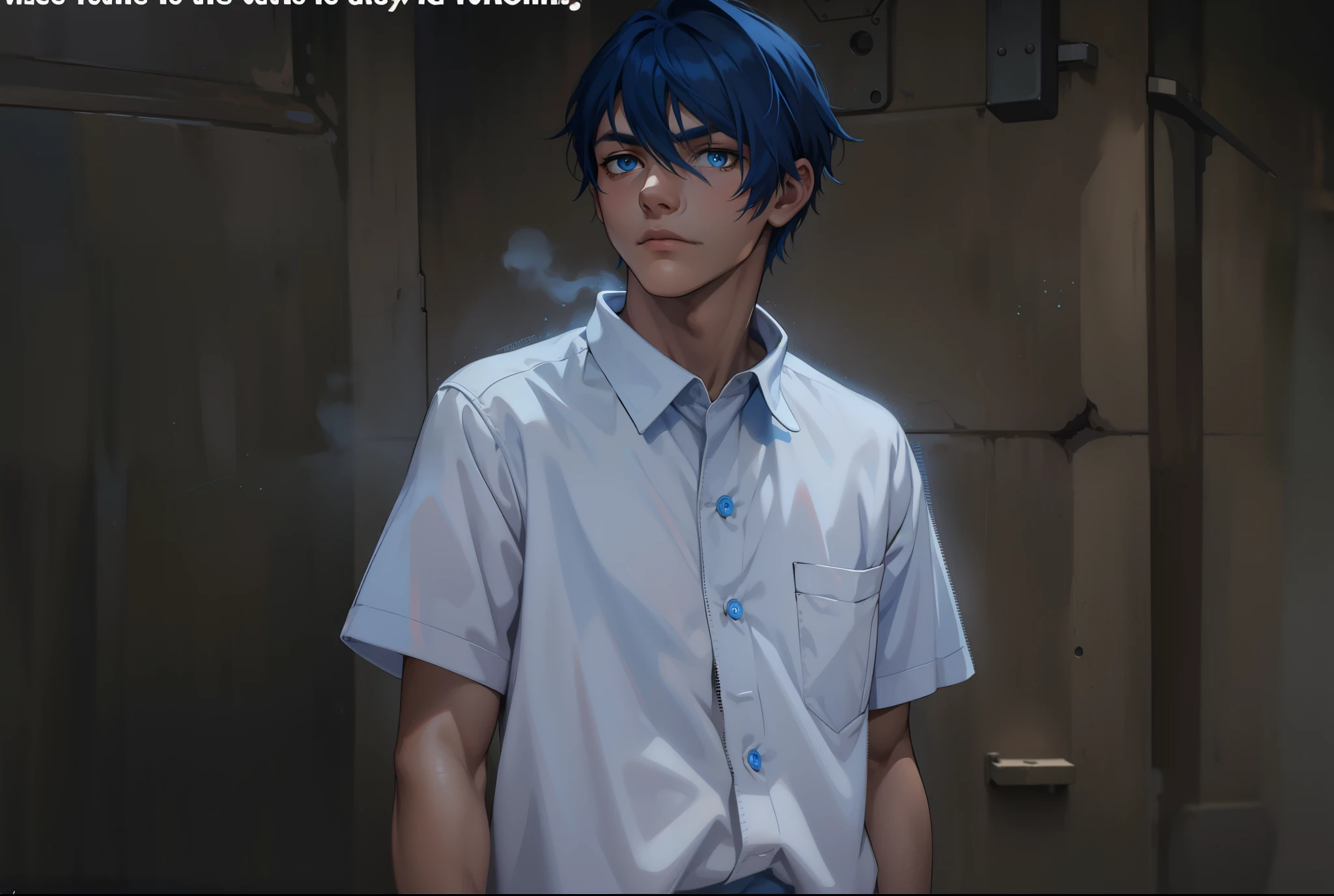 young man with blue hair and blue eyes is looking at someone, he has a serious look