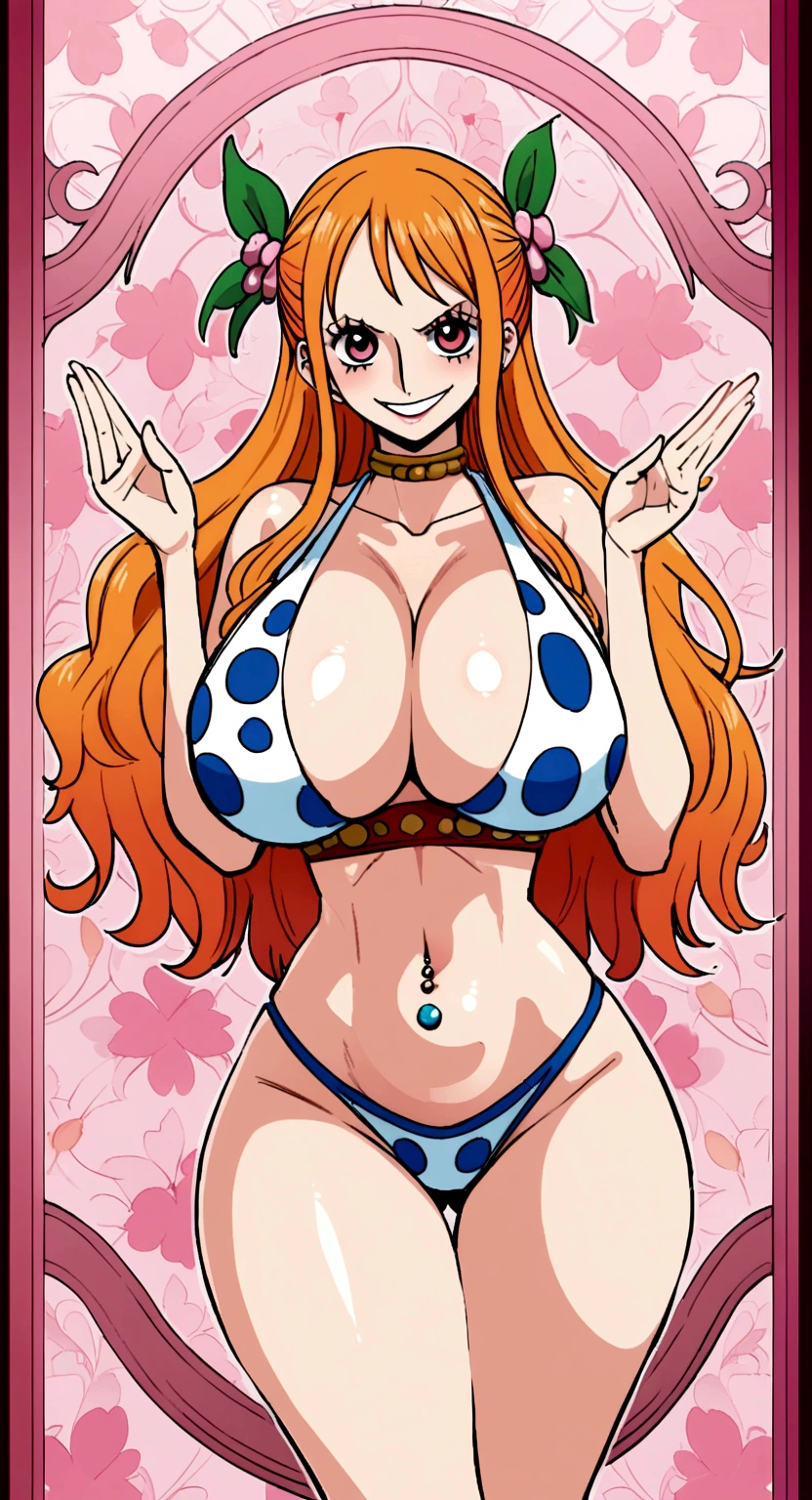 big lips, us&#39;The skin (One piece), pink eyes, japanese face, improve, improve grin, two sides up, huge breasts, Wide hips, sexy, detailed, pink room, Hits, (evil smile1.4), kawaii, fold us (One piece), One piece, GOOD, nami costume (One piece), fold us (One piece), camisa nami (One piece), choker, fold us (One piece), camisa nami (One piece),navel piercing, cosplay de nami (One piece)