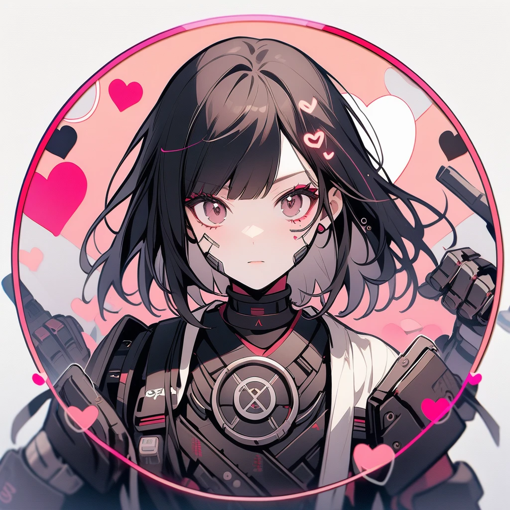 (circle frame1.7),1 woman,Female cyborg samurai, perfect face, robot arms,love,hearts,icon, circle frame,