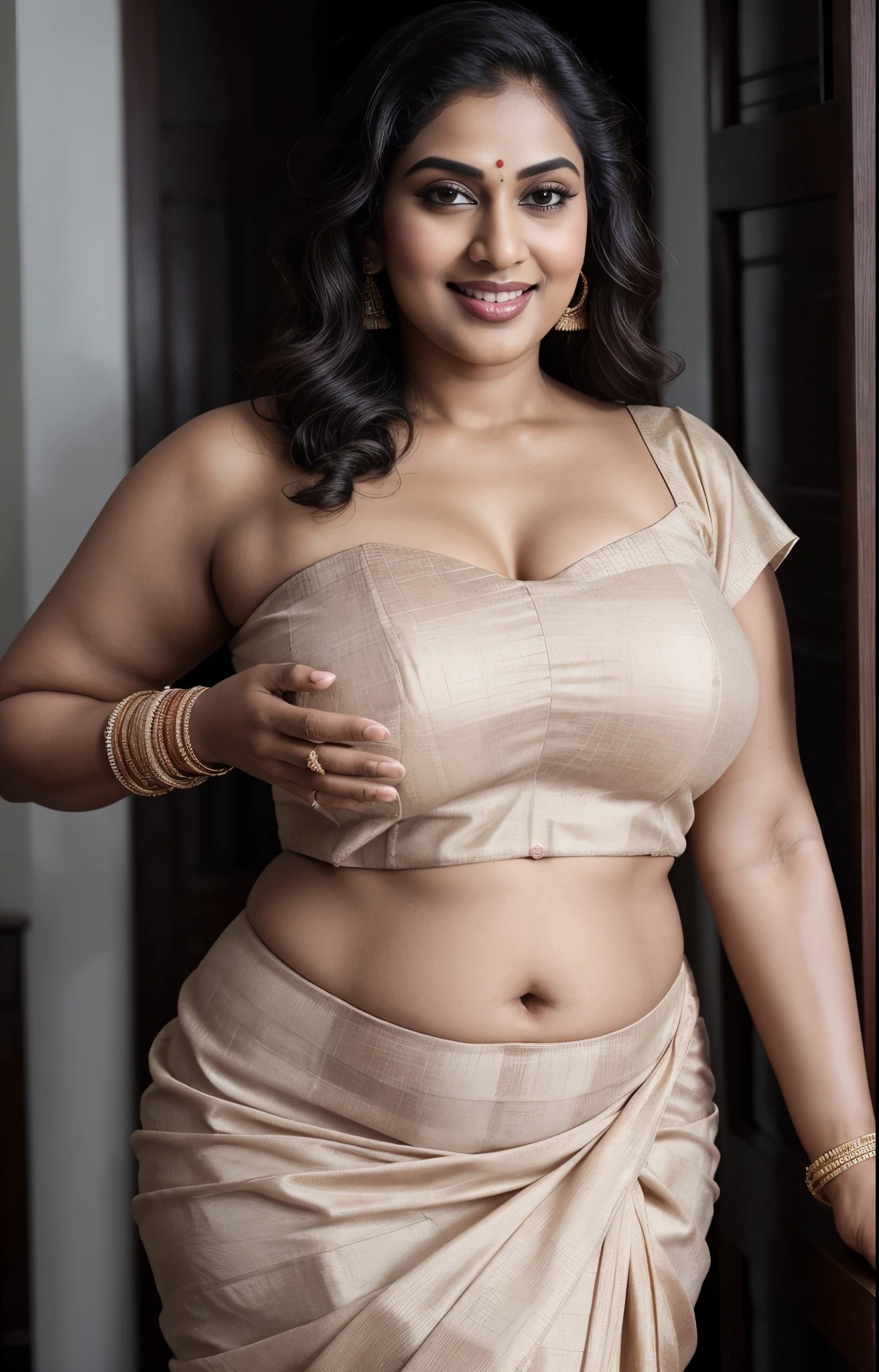 Photographic recreation shoot Inspired from art by mohanan manimala, best quality, modelshoot, profile photoshoot, mastershot, model photography, retouched, movie stills shoot, modelshoot Inspired by art of mohanan manimala, revealing clothes, her exposed charming figure, appealing physique, pale skin, Beautiful lady, extremely gorgeous woman, mallu traditional wear, party wear, summer party wear, designer saree, sexy woman, wedding wear, hot sleeveless blouse, sexy designer dress, designer blouse, braless, hot wear, spotless skin, designer sari, sexy fashion saree, Deep navel, jiggly belly, 50 years old, sexy navel folds, gigantic figure, wide body, Full figured woman, full figured body, Plus size Indian beauty, Mrs India plus size, momma, mommy figure, desi aunty bold saree look, big mommy milkers, heavy physique, curvy, sexy sleeveless blouse, armpits exposing, modern Indian aunties, sexy Indian housewife, desi bhabhi hot, sexy giant woman like figure, seductive body, wearing palla, Indian traditional cotton bandeau crop top bra, huge breast, milk tank, mallu woman, mallu actress, mallu aunty, mallu sari model, mallu actress, lusty, perfect thick body, fleshy figure, highly detailed, intricate, flawless, pheromones dropping figure, seductive expression, beautiful face, juicy figure, perfect face, perfect eyes, perfect fingers, round shaped face, curvy, skin texture, hot, small hairs on armpits visible, unshaved underarm, armpit crease, captivating, lusty, charming, attractive figure, mature woman, Kerala model, Kerala actress, nails can be hidden, queen of Lust, High clarity eyes, gigantic figure , extremely seductive, extremely seductive dress, skin pores, skin texture, insane details,