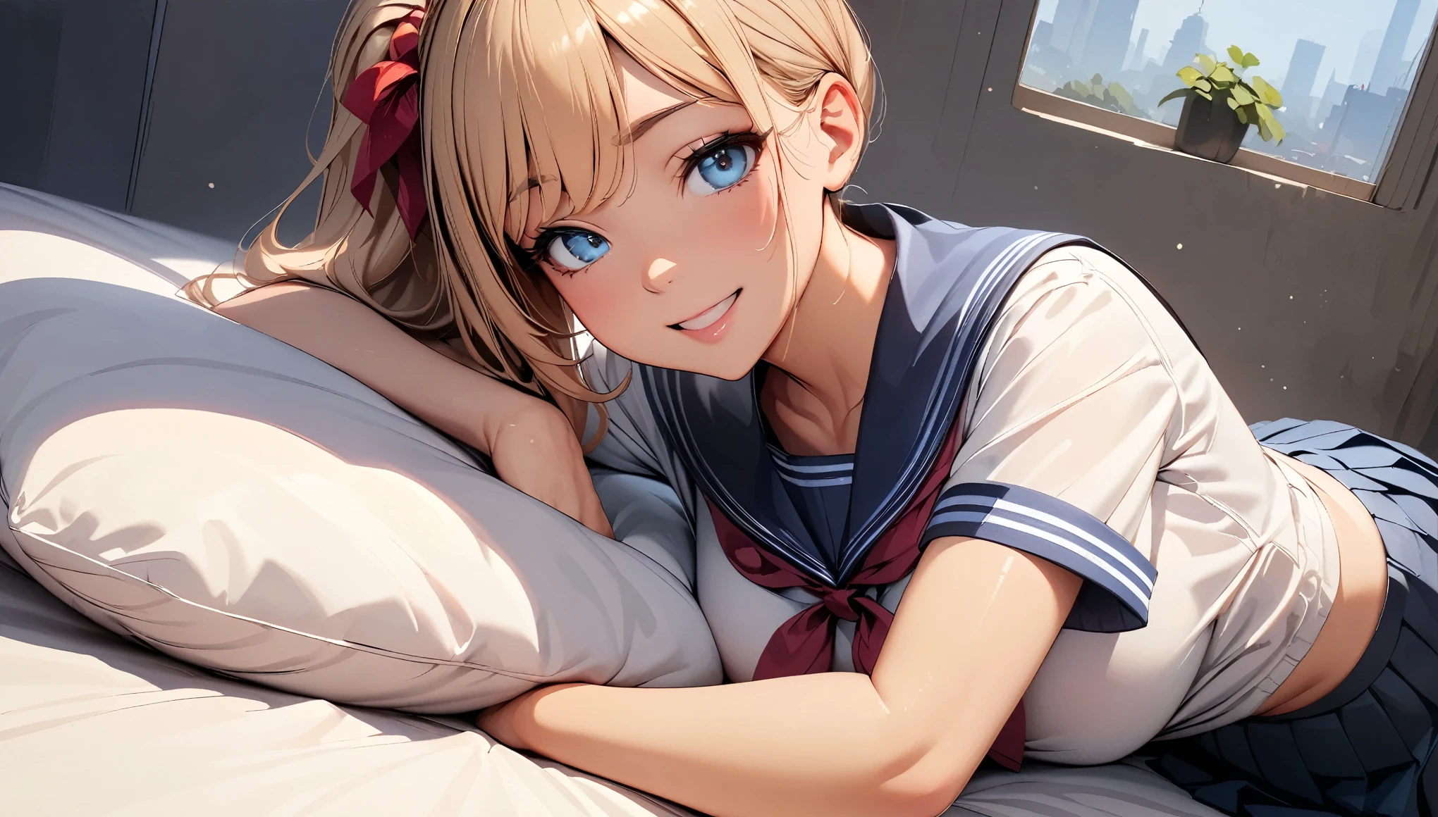 (Highest quality:1.24K, 8K, Very detailed, up to date, Vibrant, High detail, masterpiece:1.2, Highest quality, Best aesthetics), (((1 Girl))), JK, Sailor suit, Pleated skirt, Please open your mouth a little:1.2, smile, (Light brown hair, Voluminous side ponytail), Dynamic Angle, Friendly atmosphere, Beautiful Hair, Shiny Hair, Beautiful Skin, Detailed face and eyes, Glossy Lips, Curvy Women, bed:1.2, Lie, White sheets, Pillow, Light and shadow with attention to detail, Background Blur.