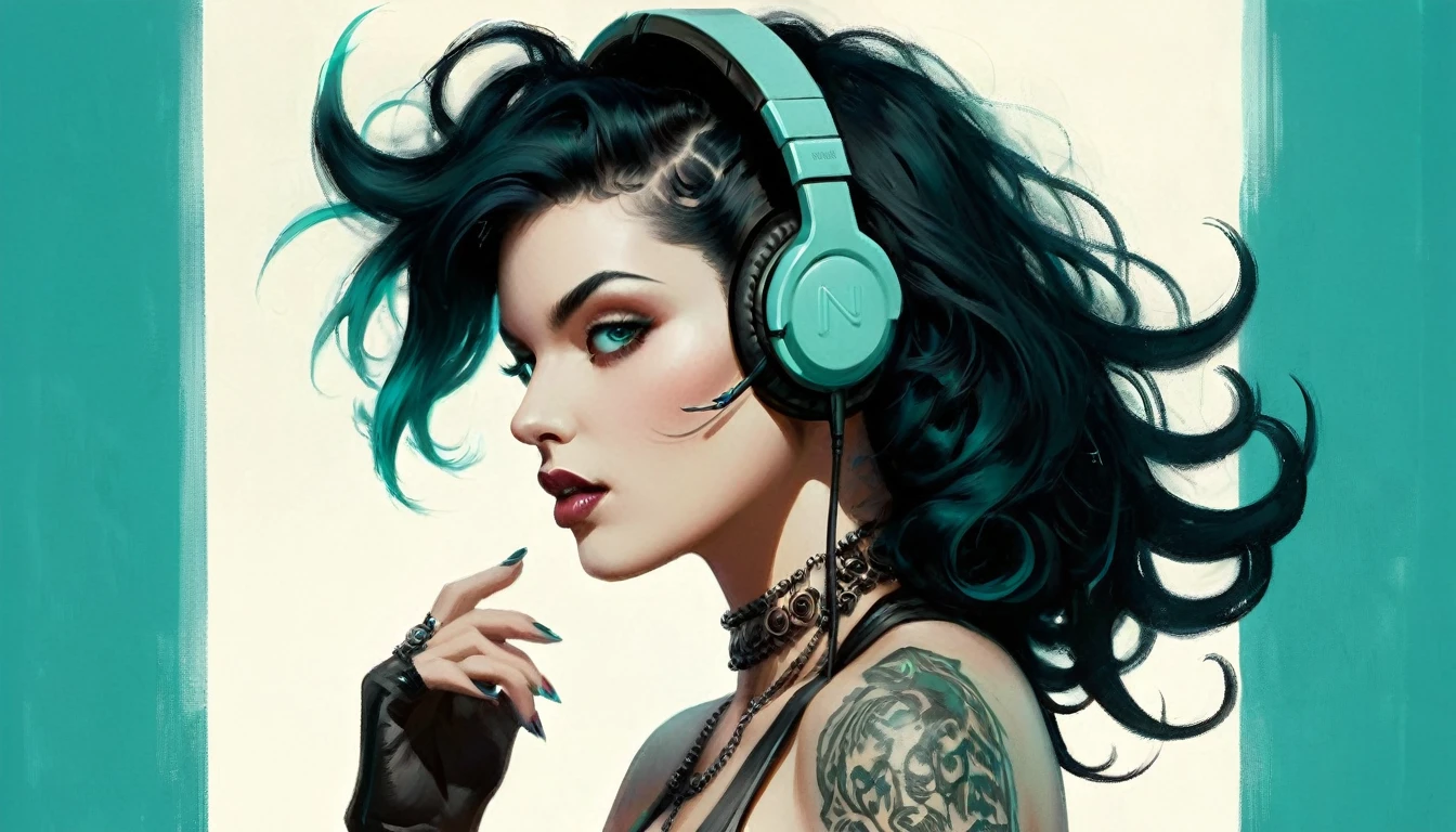 Monochromatic shadows, Enticing metropolitan punk woman with black hair tattoos and sinister beauty, dual tone, hard lighting in the style of split tone mastery, crisp neo-pop illustrations, light-teal, white, salmon and off-white, 32k uhd, comic art, steampunk, street pop, emotion, close up, vibrant, illustration, wearing headphones, abstract background, cinematic