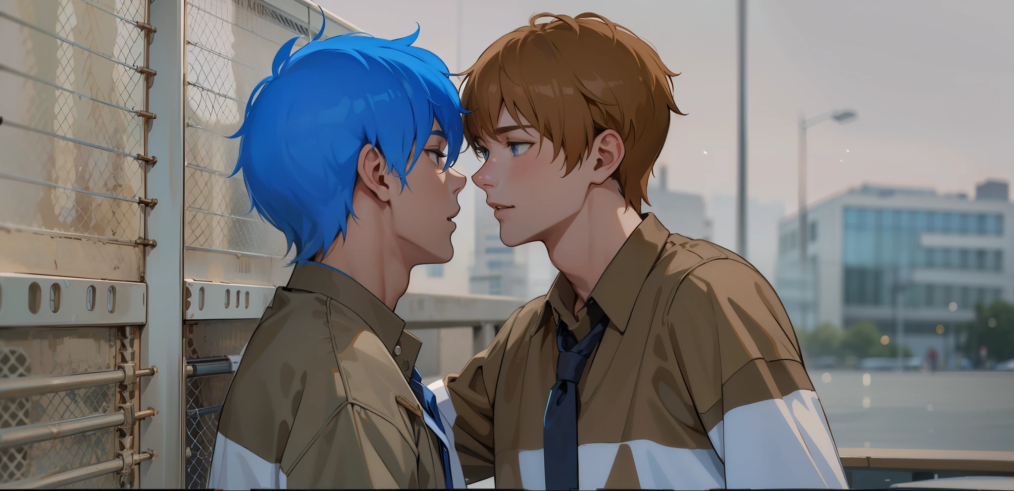 two young men with white school shirts with brown hair and the other with blue hair approach each other and look into each other&#39;s eyes, one of them is speaking seriously.