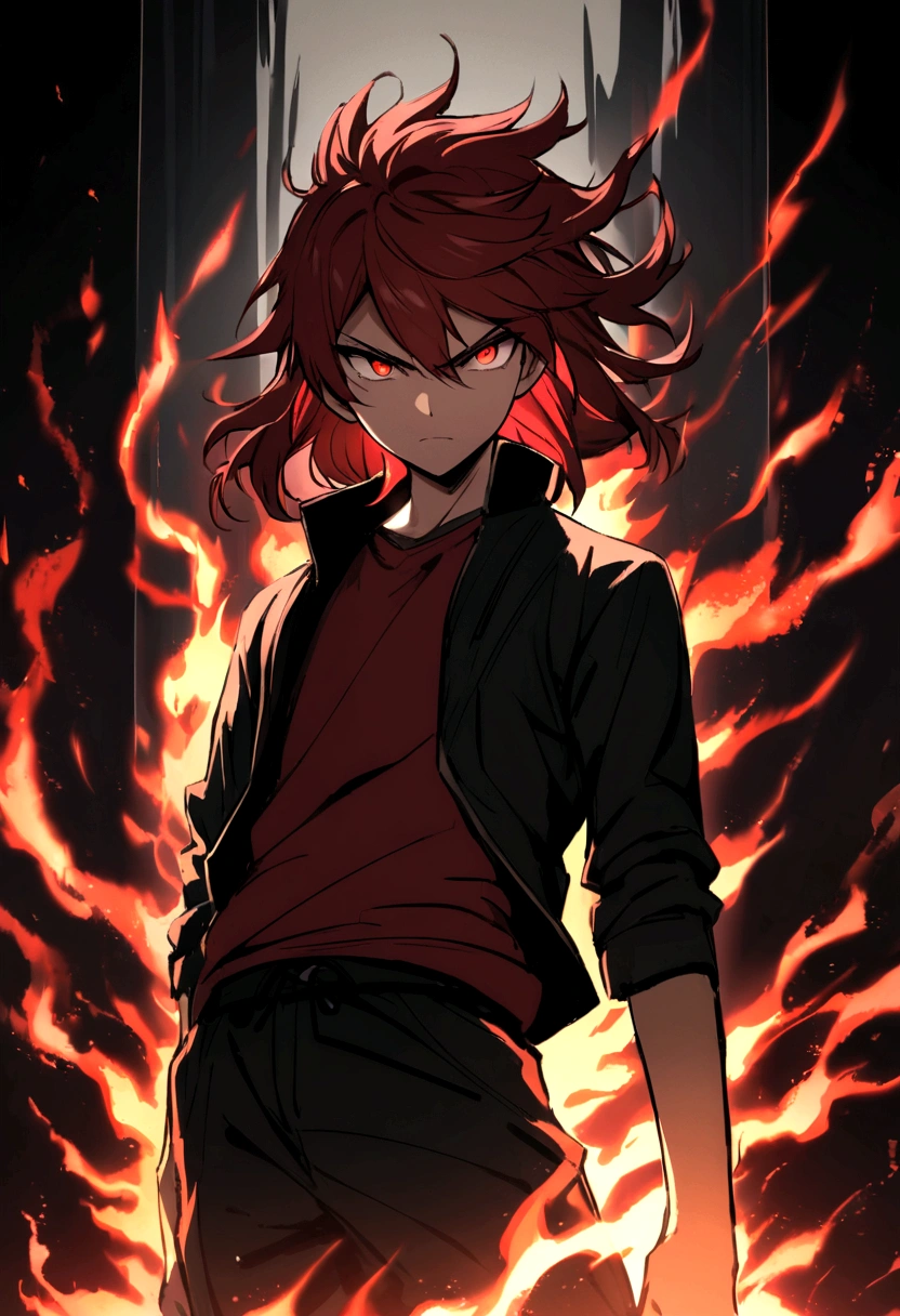 Teenage boy, serious face, tidy hair, Medium length hair, multicolored black and red hair, Red eyes, dark red shirt, wide black jacket, fiery aura