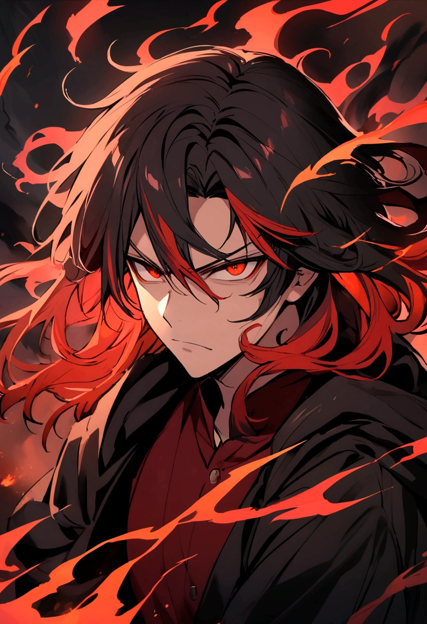 Teenage boy, serious face, tidy hair, Medium length hair, multicolored black and red hair, Red eyes, dark red shirt, wide black jacket, fiery aura