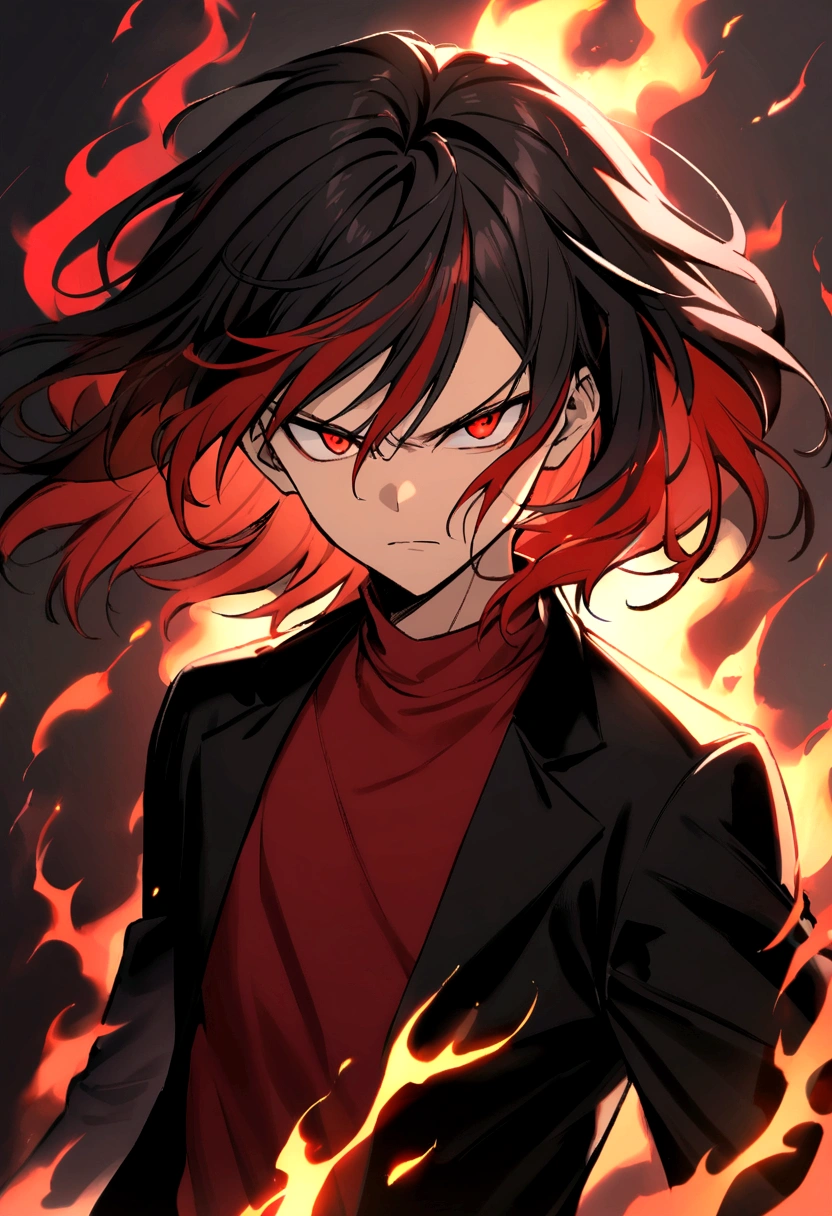 Teenage boy, serious face, tidy hair, Medium length hair, multicolored black and red hair, Red eyes, dark red shirt, wide black jacket, fiery aura