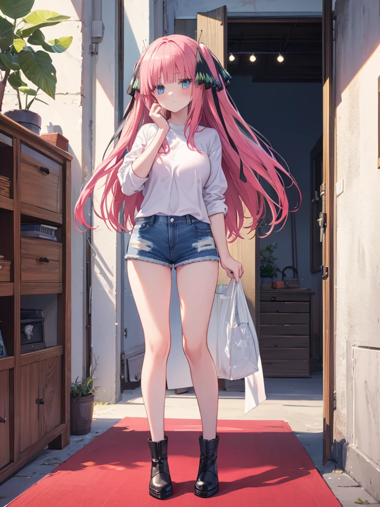 (8K, Highest quality, Highest quality, masterpiece), standing, (denim hot micro shorts), big breasts, (fullbody), nn1, 1girl, hair ribbon, ((long hair)), anime girl