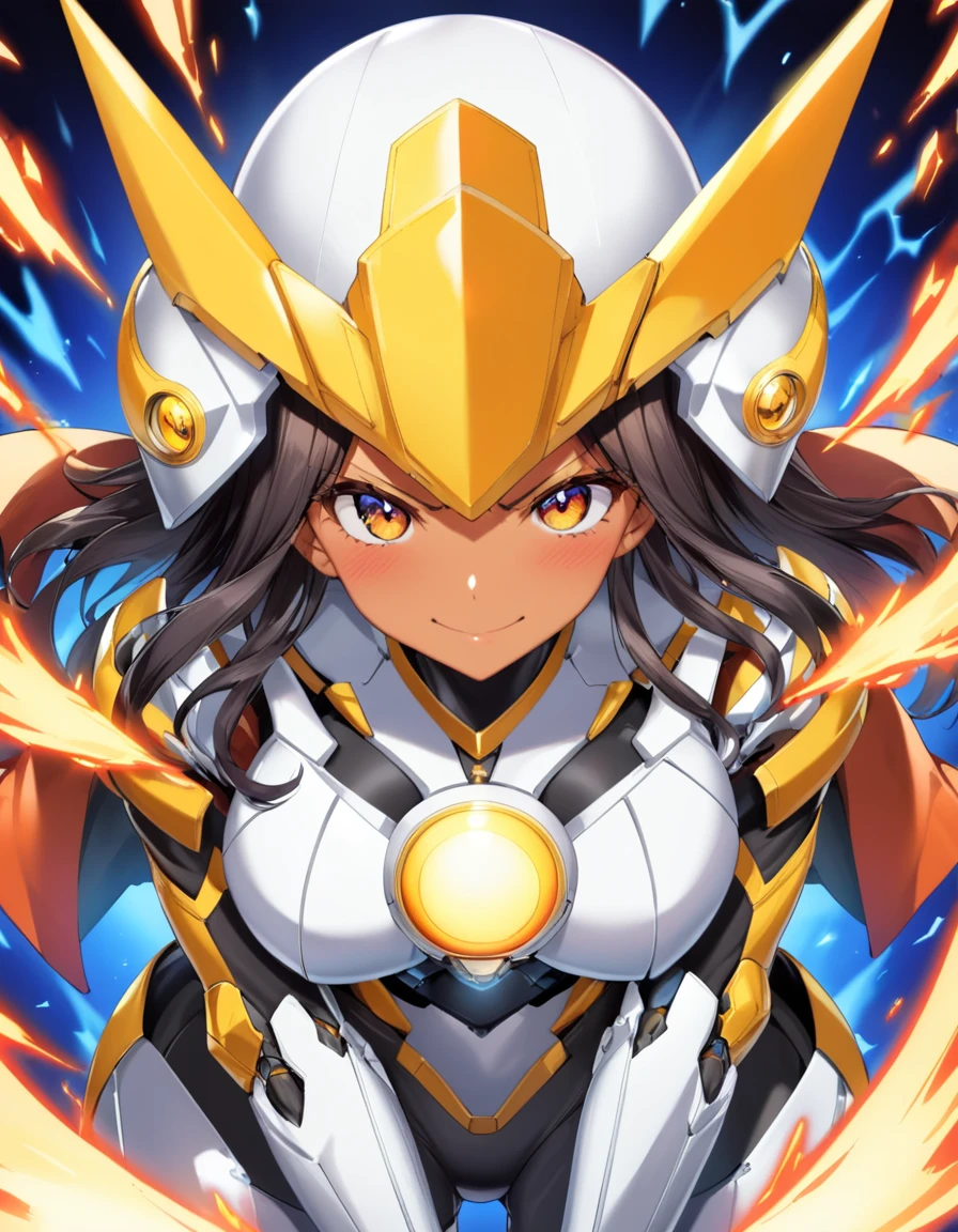 dynamic angle, (close up face), a ultra detailed beautiful moe anime, (embarrassed, smile, tan), tsundere gal wearing a powered suit is a fusion of chaos and harmony. Her vibrant hair color and flashy nails contrast with the suit’s cold metallic quality. When she dons the suit’s helmet, her eyes blaze with fighting spirit and determination. Yet, amidst that strength, glimpses of her tsundere nature peek through. As she takes control of the powered suit, her movements overwhelm enemies in an instant.