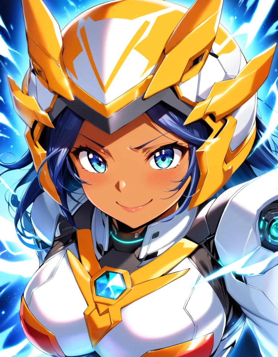 dynamic angle, (close up face), a ultra detailed beautiful moe anime, (embarrassed, smile, tan), tsundere gal wearing a powered suit is a fusion of chaos and harmony. Her vibrant hair color and flashy nails contrast with the suit’s cold metallic quality. When she dons the suit’s helmet, her eyes blaze with fighting spirit and determination. Yet, amidst that strength, glimpses of her tsundere nature peek through. As she takes control of the powered suit, her movements overwhelm enemies in an instant.