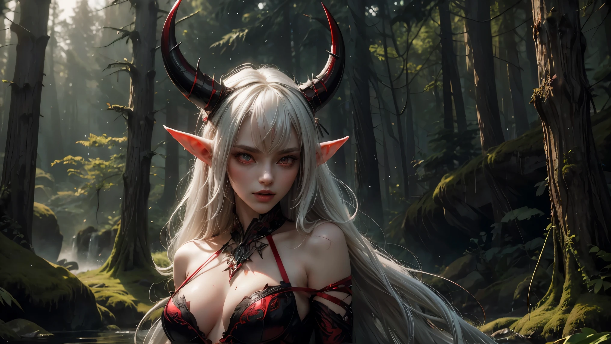 elf ears (horns on head) ,black hair (Red eyes)(Best quality,ultra detailed),bright colors,sharp focus,realistic,photorealistic:1.37,Forest background,warm sunlight,portrait,anime style,green foliage,elegant,playful,lush,flirty,bright features,enticing expression,seductively posing,Lush landscapes,wild and wild atmosphere,bewitching look,long flowing white hair,swaying gracefully,Светящиеся Red eyes,shrill, but exciting,horns,small waist,(Black underwear),tantalizingly revealing,confident and radiant energy
