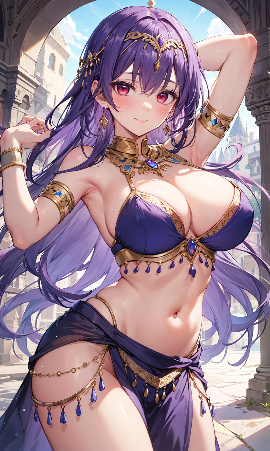 high quality, ultra detailed, best quality, insanely detailed, beautiful, masterpiece, 1girl, medieval plaza, cowboy shot, red eyes, long hair, purple hair, belly dancer, circlet, earrings, armlets, bracelets, bashful smile, large breasts, cleavage, soft stomach