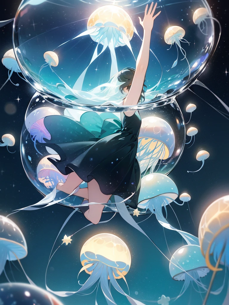 ((inside a big glass ball))(underwater) (floating bubbles) Under the sea ((fantastic starry sky )) (jellyfish) (Healing)((little)) (transparent black dress)