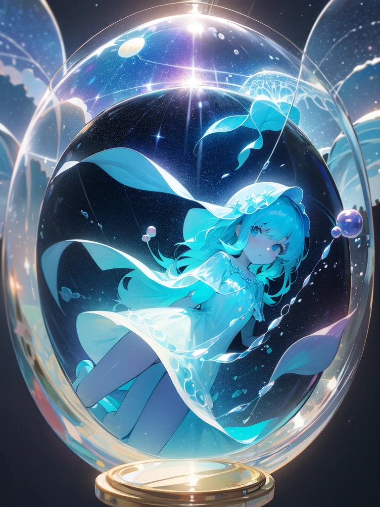 ((inside a big glass ball))(underwater) (floating bubbles) Under the sea ((fantastic starry sky )) (jellyfish) （Healing）((little))  (transparent black dress）