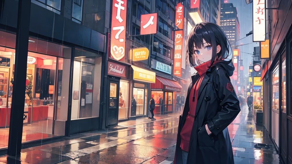 1 Girl, City of night, rain, coat, Put your hands in your pockets