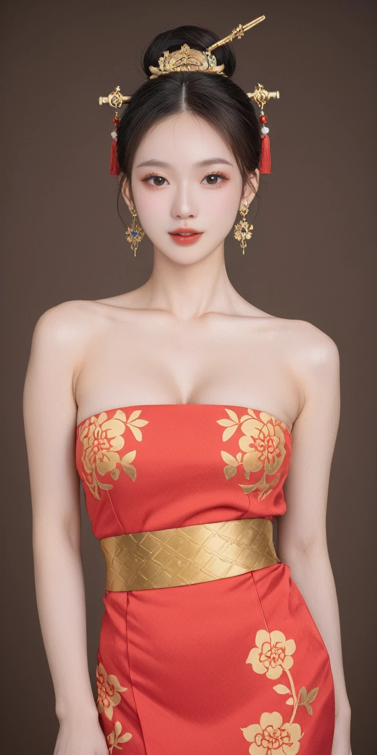 score_9, score_8_up, score_7_up, BREAK,
The image depicts a woman in traditional Chinese attire, with her hair styled in a classic bun and adorned with golden hair accessories and earrings. She wears a red dress adorned with golden patterns, complemented by a yellow belt around her waist. Her eyes are fixed on the camera, and her hands are placed on her chest. The background is a neutral brown, emphasizing the woman's vibrant attire and poised demeanor. This scene suggests a festive or ceremonial occasion, with the red color symbolizing joy and prosperity in Chinese culture. The golden patterns on her dress could represent specific symbols or motifs related to her status or the event's theme. The yellow belt adds a touch of elegance and serves as a striking contrast to the red and gold. Her confident gaze towards the camera conveys a sense of pride and a message she wishes to convey. The brown background serves to highlight the woman's figure and the rich details of her traditional costume.
