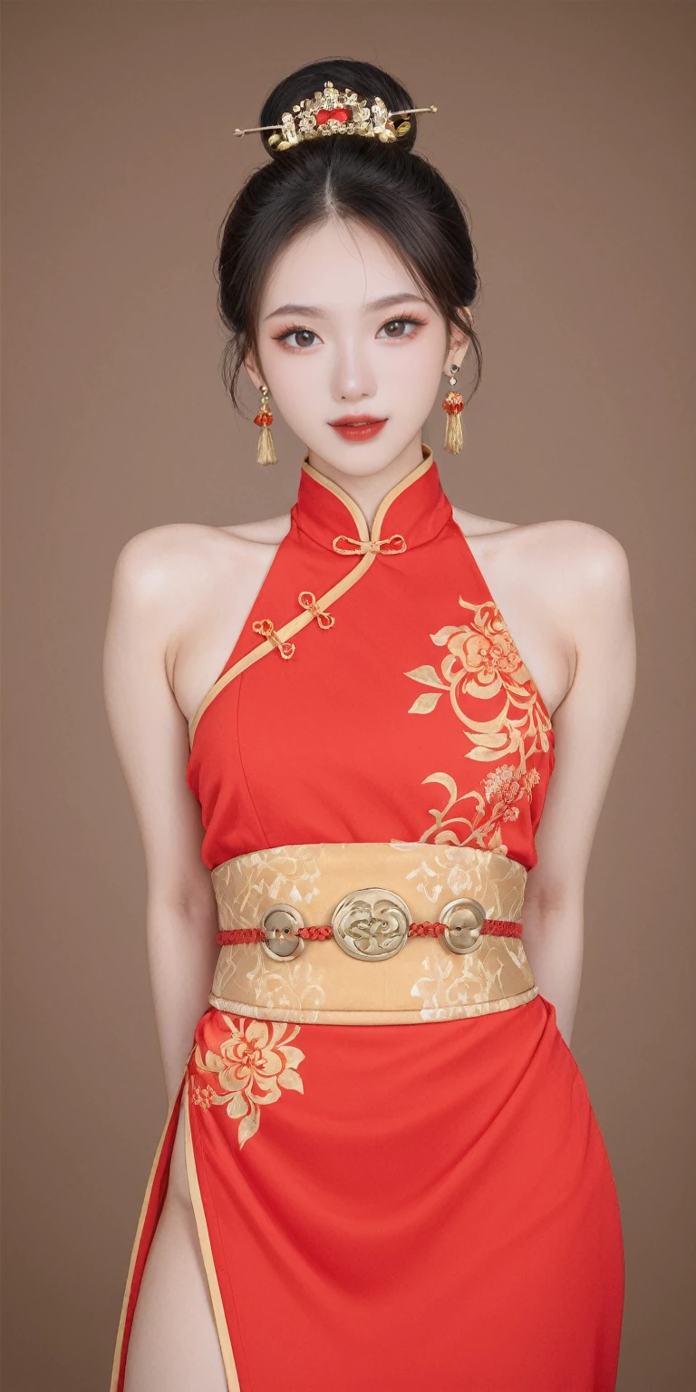 score_9, score_8_up, score_7_up, BREAK,
The image depicts a woman in traditional Chinese attire, with her hair styled in a classic bun and adorned with golden hair accessories and earrings. She wears a red dress adorned with golden patterns, complemented by a yellow belt around her waist. Her eyes are fixed on the camera, and her hands are placed on her chest. The background is a neutral brown, emphasizing the woman's vibrant attire and poised demeanor. This scene suggests a festive or ceremonial occasion, with the red color symbolizing joy and prosperity in Chinese culture. The golden patterns on her dress could represent specific symbols or motifs related to her status or the event's theme. The yellow belt adds a touch of elegance and serves as a striking contrast to the red and gold. Her confident gaze towards the camera conveys a sense of pride and a message she wishes to convey. The brown background serves to highlight the woman's figure and the rich details of her traditional costume.