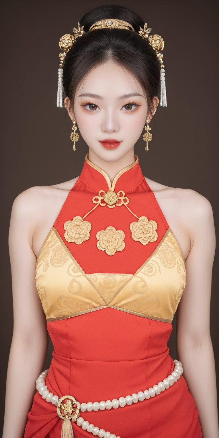score_9, score_8_up, score_7_up, BREAK,
The image depicts a woman in traditional Chinese attire, with her hair styled in a classic bun and adorned with golden hair accessories and earrings. She wears a red dress adorned with golden patterns, complemented by a yellow belt around her waist. Her eyes are fixed on the camera, and her hands are placed on her chest. The background is a neutral brown, emphasizing the woman's vibrant attire and poised demeanor. This scene suggests a festive or ceremonial occasion, with the red color symbolizing joy and prosperity in Chinese culture. The golden patterns on her dress could represent specific symbols or motifs related to her status or the event's theme. The yellow belt adds a touch of elegance and serves as a striking contrast to the red and gold. Her confident gaze towards the camera conveys a sense of pride and a message she wishes to convey. The brown background serves to highlight the woman's figure and the rich details of her traditional costume.
