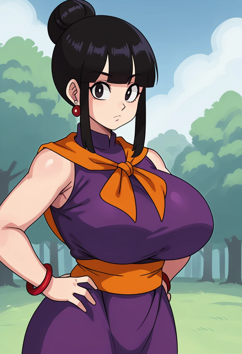 source_anime, score_9, score_8_up, score_7_up,8k, absurd res, chi-chi, 1girl, solo, looking at viewer, bangs, tree, black hair, outdoors, looking to the side, standing, upper body, sidelocks, earrings, blunt bangs, hair bun, black eyes, red bracelet, crossed arms, single hair bun, purple dress, orange neckerchief, , orange sash, sleeveless, hands on hip, S2Z0n1c21.5XL style, huge breasts
