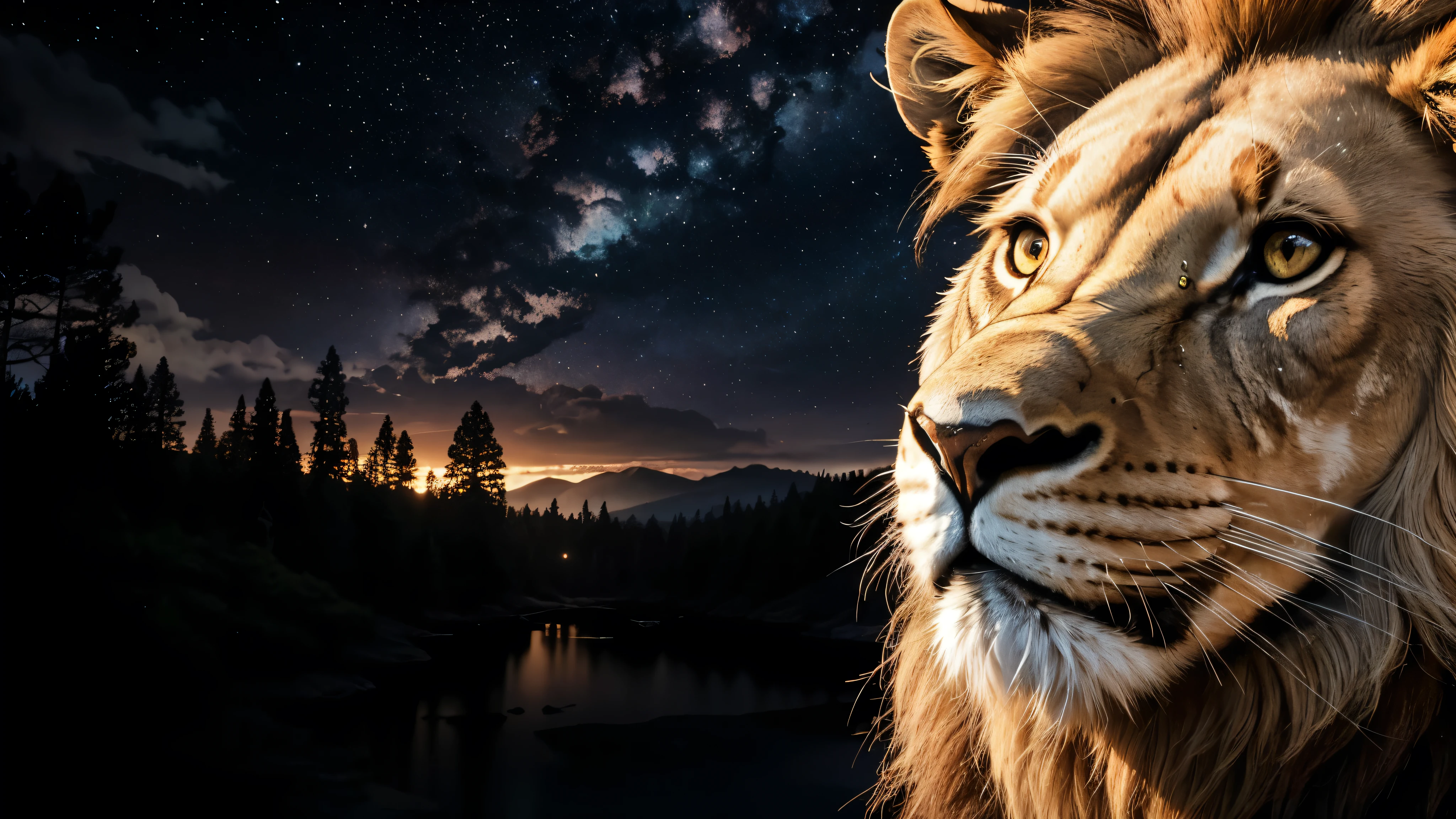 Lion, Divine Lion, naturals, naturals, ferocious, masculine, mighty, golden lion, Powerful Lion, Beautiful nature, Great Realistic Lion, FullHD 8K, Sky ligh, Sunset Night, Ligh Sky Sun, Balck Golden, black andwhite, black and gold, detailed realistic face, 8K Detailed Realistic White Lion, Ultrarealistic 8k |, Energia de thunder realista detalhada, Strong Creature realista detalhada, Strong Creature, Lion macho, Rendering, Fotorrealista 8K, UltraHD Alta definição 8K, Detailed Realistic 16K, Nitidez Fotorrealista 8K, 16K photorealistic textures, Contraste Fotorrealista 8K, Sombras Fotorrealistas 8K, Luzes Fotorrealistas 8K, Detailed realistic sunset, Detailed Realistic Lion Face, Detailed realistic light, detailed textures, thunder, detailed shadows, detailed colors, Celestial Electricity, Golden thunder, Lion realista, Ultra Realistic 16K, Realistic 16K, Realistic 16K sharpness, 16K photorealistic textures, 16K realistic colors, powerful creature, Majestic power, Power of Heaven, Great Divine, detailed contrast, realistic contrast, high resolution, detailed colors, fire, villany, divine creature, 8K, realistic detailed, 16K, 8K, High definition, detailed contrast, realistic contrast, high resolution, detailed colors, fire, villany, divine creature, realistic detailed, posh, chic