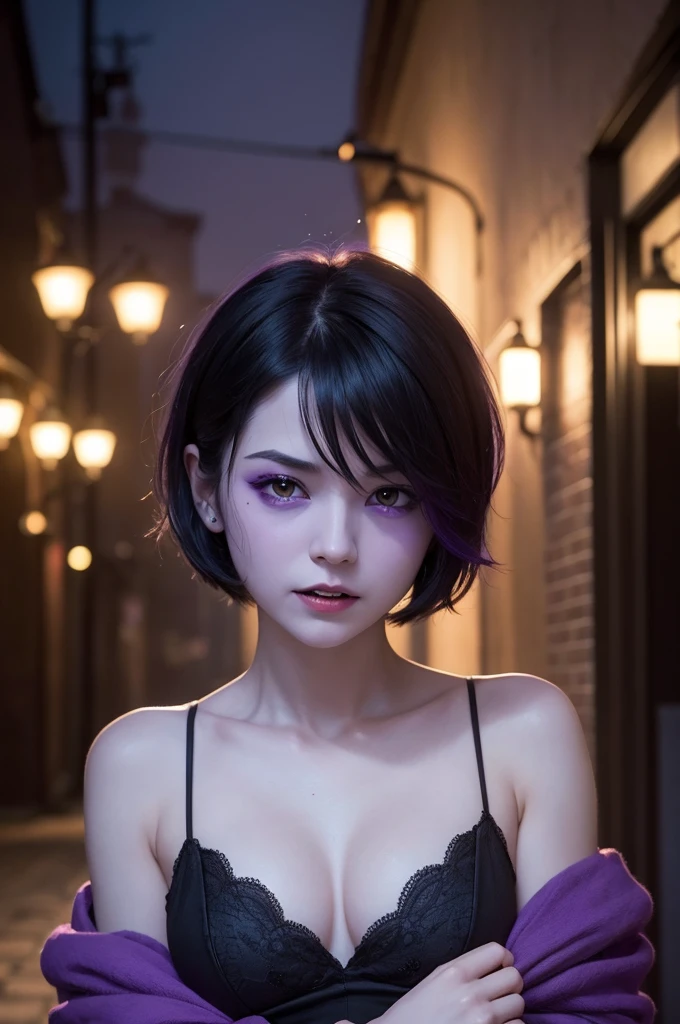 I want an image of the emotion of the film in a fun way, purple skin,short black hair,A vampire