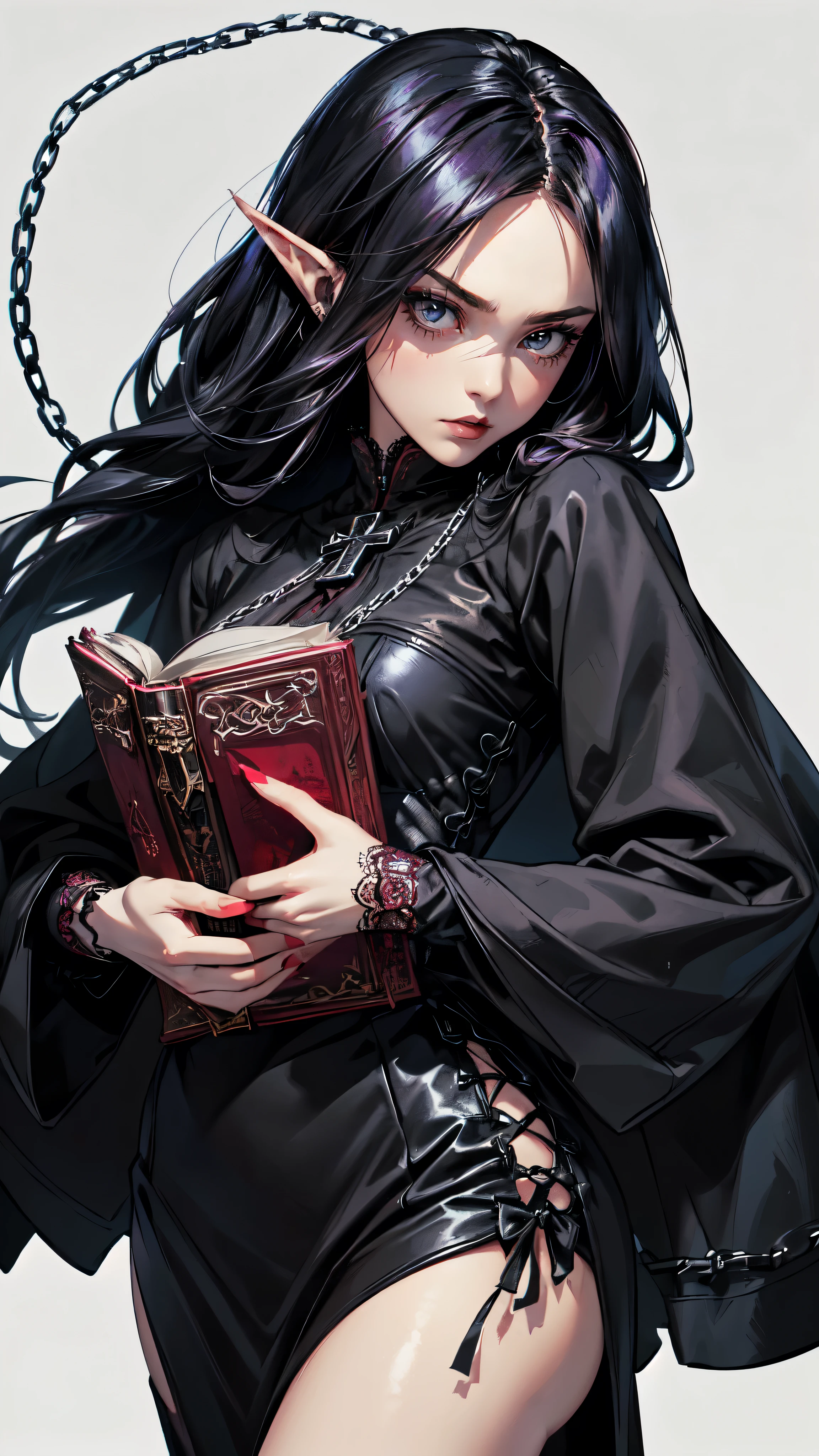 (Gothic character design sheet:1.5),(Scary dolls,Red or dark purple lace、Embroidery and other decorations。She wore a long black coat and a tight skirt,Show elegant and mysterious temperament。Wearing a silver cross、chain etc...,old magic book,Romantic roses,(ordered rows:1.2,interval:1.2,No overlap:1.2),((clear lines,clean background,White background, ultra high definition, masterpiece, precise, anatomically correct, textured skin, super detailed, high detail, best quality, 8K)),detailed face, detailed eyes, detailed hands,elf girl