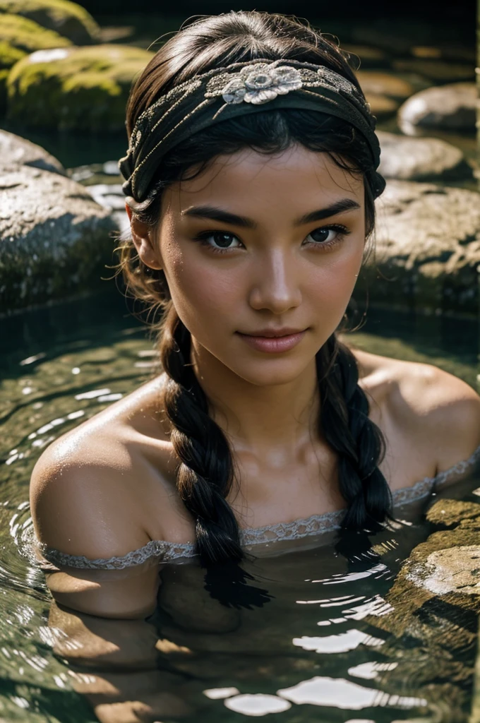 Best Quality, Masterpiece, super high resolution, A super model submerged in hot springs in Japan., outdoor hot springs, stone hot springs, surrounded by moss and trees, super beautiful face, pure body, clear pores visible, (SMILE:0.8), using division (lace headband:1.2), (realism:1.5), Photo original, soaked body, covered in sweat, bare shoulders, in the dark, deep shadows, low-key, cold light