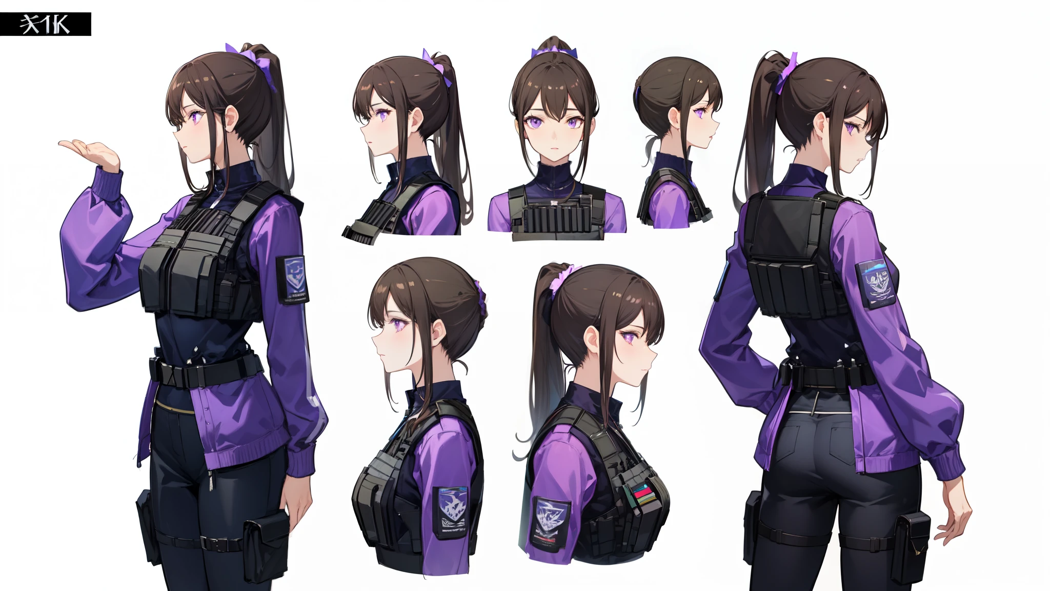 One Mature woman,human, Dark hair with purple strands, Ponytail, purple eyes, black outfit,wearing bulletproof vest, beautiful, masterpiece, best quality, perfect lighting, extremely detailed CG unity 8k wallpaper, reference sheet, model sheet, simple white background, (multiple views, [from behind|from side|from front|close-up|portrait|Looking straight ahead]:1),