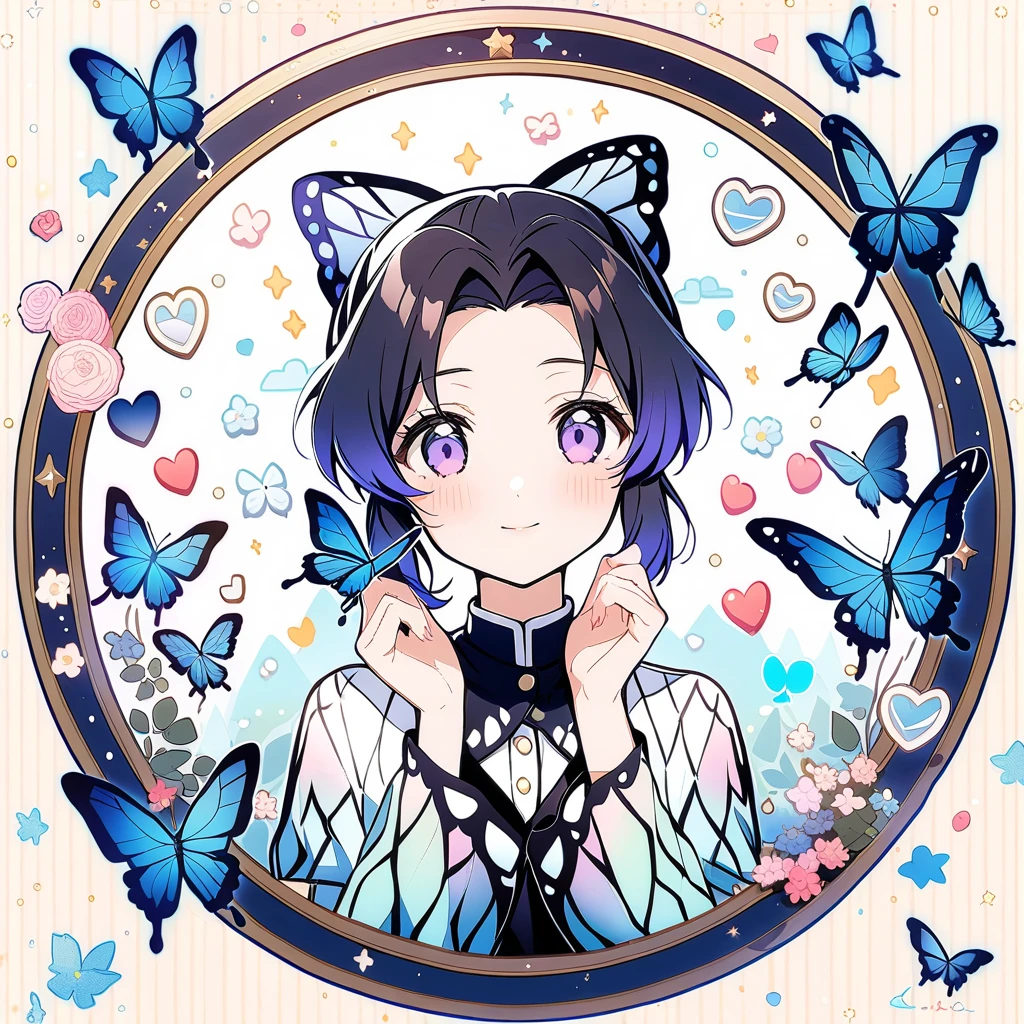 (circle frame1.7),1girl, kochou shinobu, blue butterfly,love,hearts,icon, circle frame,