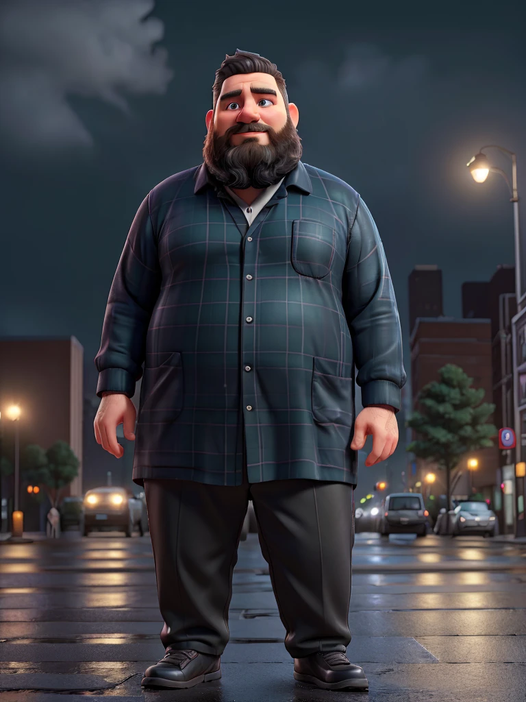 1 middle fat man with beard near black Mercedes, cute, city landscape, night, rain, wet, professional lighting, photon mapping, radiation, physically-based rendering, (8K, raw photo, best quality, masterpiece:1.2), (realistic, photo-realistic:1.37)