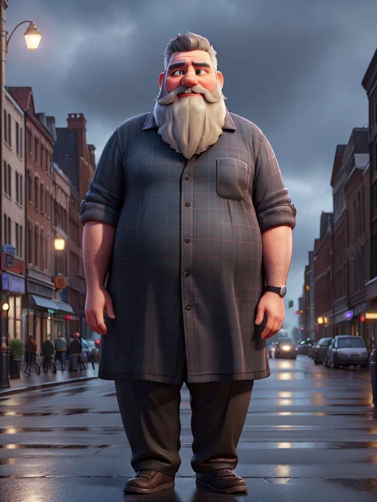 1 middle fat man with beard near black Mercedes, cute, city landscape, night, rain, wet, professional lighting, photon mapping, radiation, physically-based rendering, (8K, raw photo, best quality, masterpiece:1.2), (realistic, photo-realistic:1.37)