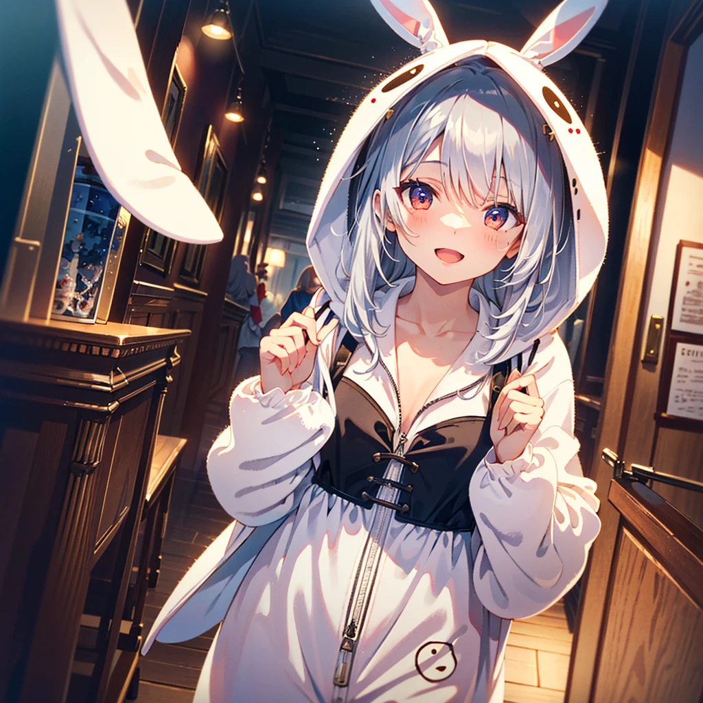 masterpiece, best quality, ultra-detailed, extremely detailed, 4K, 8K, best quality, beautiful, pretty woman, ((beautiful silver hair), long hair, beautiful red eyes, beautiful eyes, rabbit ears),
BREAK
smile, (open mouth), (white rabbit kigurumi costume:1.5),
BREAK
(tilt-shift photography), (miniature effect:1.2), (selective focus), (blurred edges:1.2), (small-scale illusion), (playful perspective:1.2)
