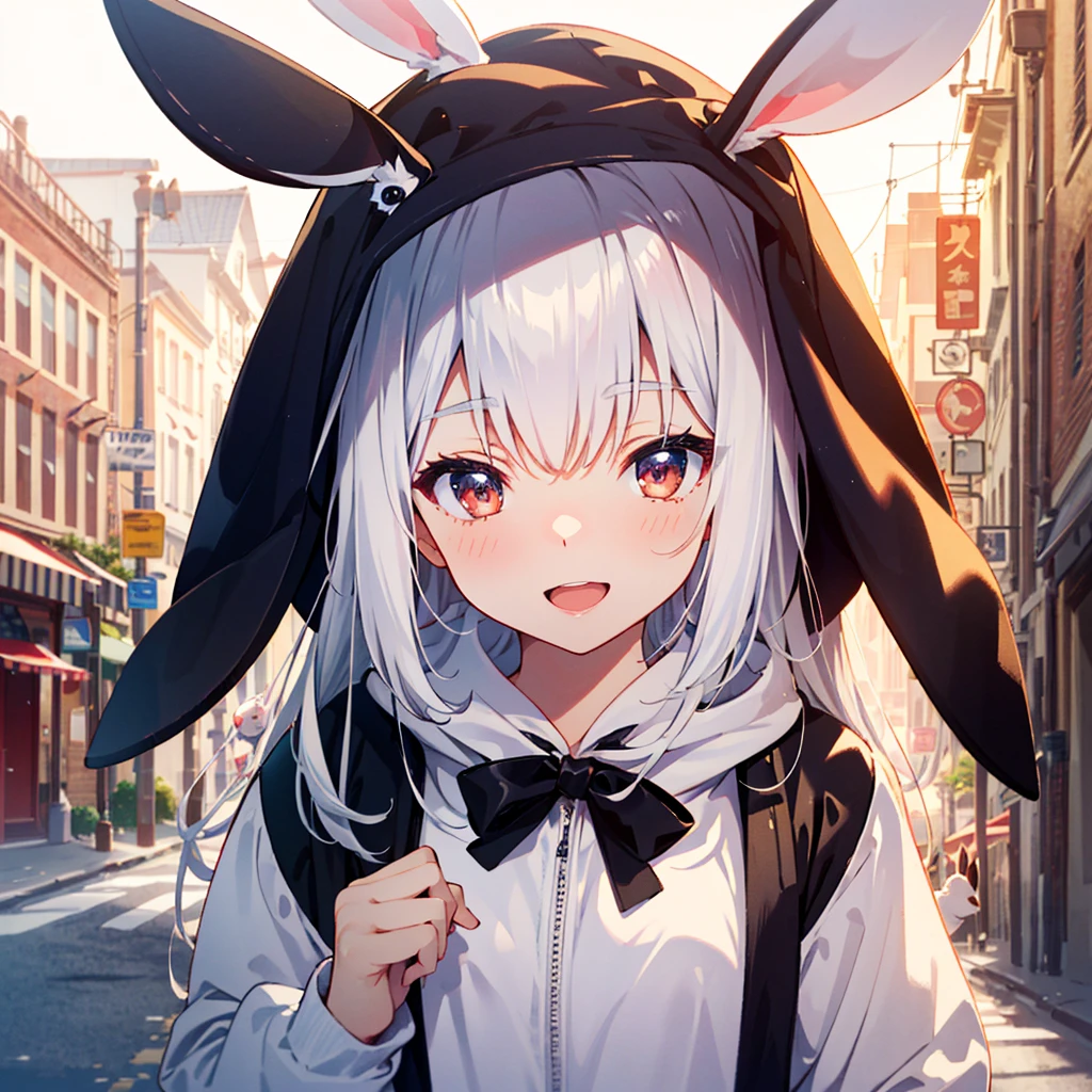 masterpiece, best quality, ultra-detailed, extremely detailed, 4K, 8K, best quality, beautiful, pretty woman, ((beautiful silver hair), long hair, beautiful red eyes, beautiful eyes, rabbit ears),
BREAK
smile, (open mouth), (white rabbit kigurumi costume:1.5),
BREAK
(tilt-shift photography), (miniature effect:1.2), (selective focus), (blurred edges:1.2), (small-scale illusion), (playful perspective:1.2)
