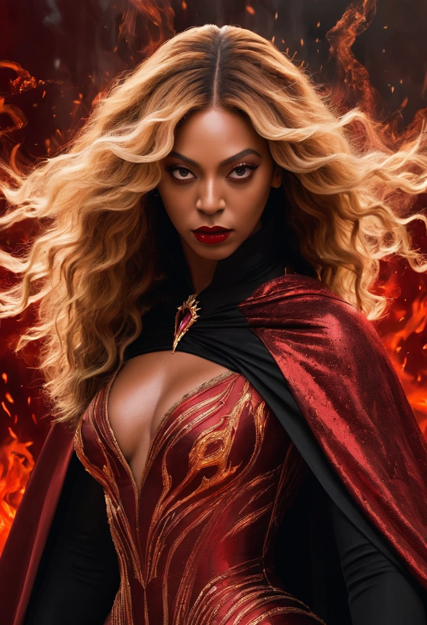 ### Scene: Create an image of two people in love in a setting of mystery and passion.
**Feminine Appearance:**
- Looks like Beyoncé
- Brown skin
- Long, golden blonde and curly hair
- Confident and seductive expression
- Wearing a red, elegant and tight dress
- Lips painted a deep and intense red
**Appearance of the man:**
- Resembles Severus Snape
- Pale skin
- Big nose
- Black eyes
- Straight black hair falling around the face in a somber manner
- Serious and intense expression
- Wearing a black cape, contrasting with the flames around him
**Atmosphere:**
- Surrounded by flames, creating a mystical and fiery environment
- Soft lighting highlighting your faces, enhancing the shine in your eyes
- Flames adding an element of intensity and mystery to the scene
- They are close to each other, looking intensely into each other's eyes, exuding a strong emotional connection