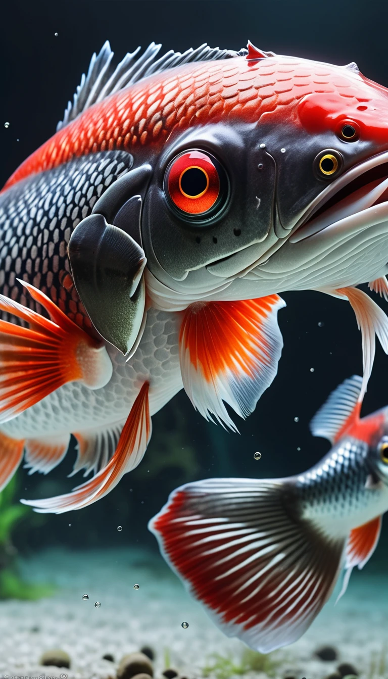 Panorama，河里有一种Mysterious Creatures：Red fish body，Fish head looks like a human face，Mysterious Creatures, shrike, (best quality，4K，8K，High level，masterpiece：1.2），Ultra Detailed，（lifelike，Photo real，Photo real：1.37），Highly detailed animals，Complex patterns，Realistic lighting，Fantasy Creatures