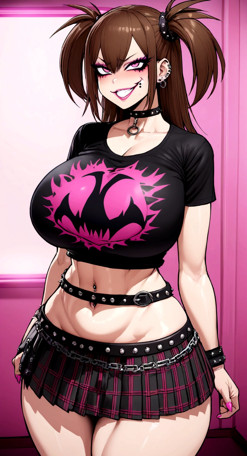 big lips, Brown hair, pink eyes, japanese face, improve, improve grin, two sides up, huge breasts, Wide hips, sexy, detailed, pink room, Hits, (evil smile1.4), kawaii, pleated skirt, punk, GOOD, Pink and black suit, plaid skirt, punk shirt, choker, punk skirt, punk shirt,navel piercing,vagina
