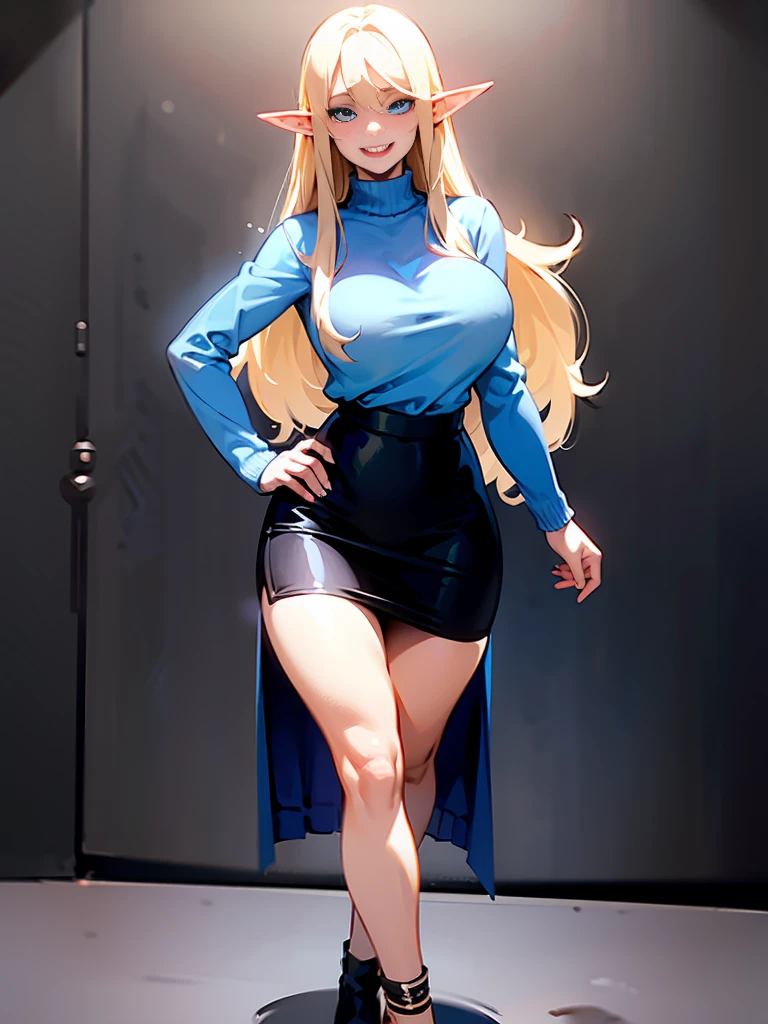 young elf girl, blue eyes, blue Pullover, black long skirt, whole body to see, smiled, excited, moans, blond long hair, sexy pose, big breasts, wide hips