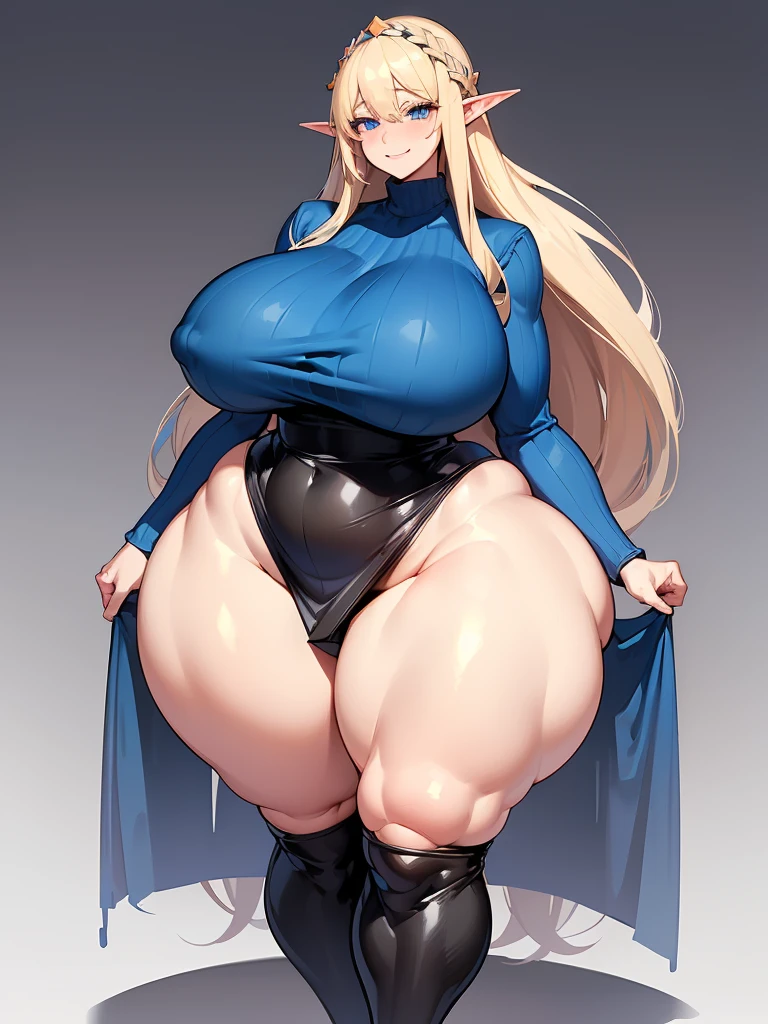 young elf girl, blue eyes, blue Pullover, black long skirt, whole body to see, smiled, excited, moans, blond long hair, (( very wide hips)), (((colossal Thighs, gigantic thighs, very huge thighs, very big thighs))), sexy pose, wet clothes