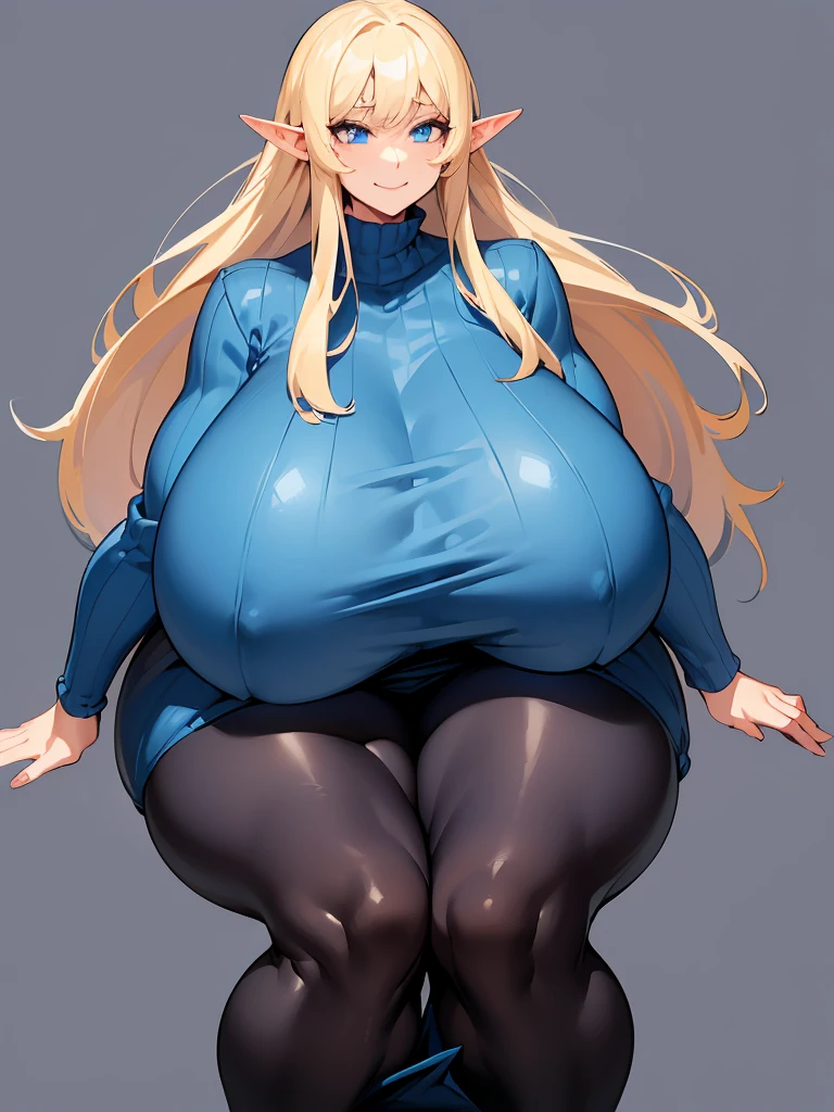 young elf girl, blue eyes, blue Pullover, black long skirt, whole body to see, smiled, excited, moans, blond long hair, (( very wide hips)), (((colossal Thighs, gigantic thighs, very huge thighs, very big thighs))), sexy pose, wet clothes